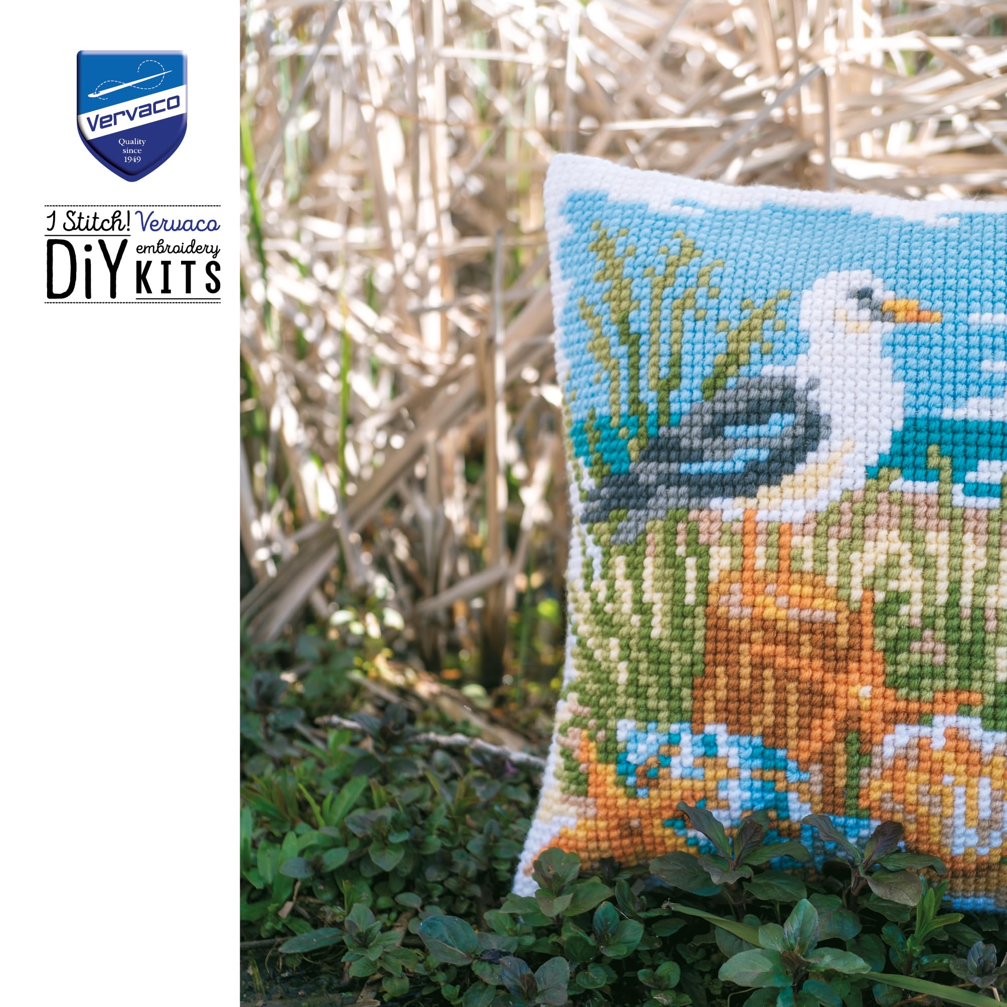 VERVACO Zestaw do Haftu Krzyżykowego Poduszka BRYZA OCEANICZNA Kanwa z Nadrukiem 40 x 40 cm Gruba Włóczka Akrylowa Zrób to Sam Dekoracja Domu DIY Cross Stitch Kit