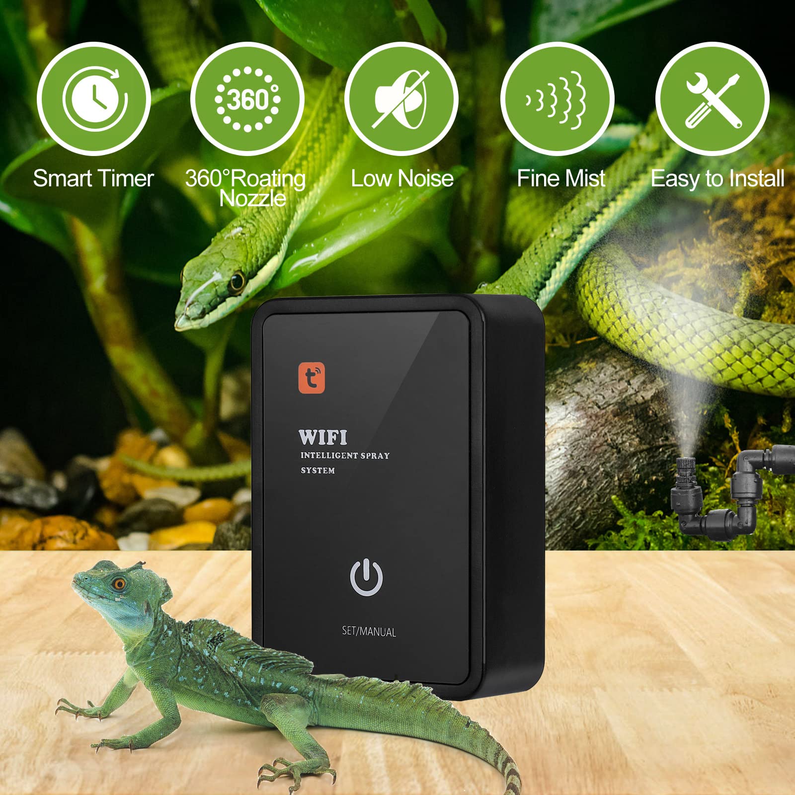 Diealles Shine inteligentny system mgiełki gadów, system mgły do terrarium z dyszami natryskowymi, regulacja 360°, mgiełka do gadów, płazów, roślin, kwiatów, lasów deszczowych