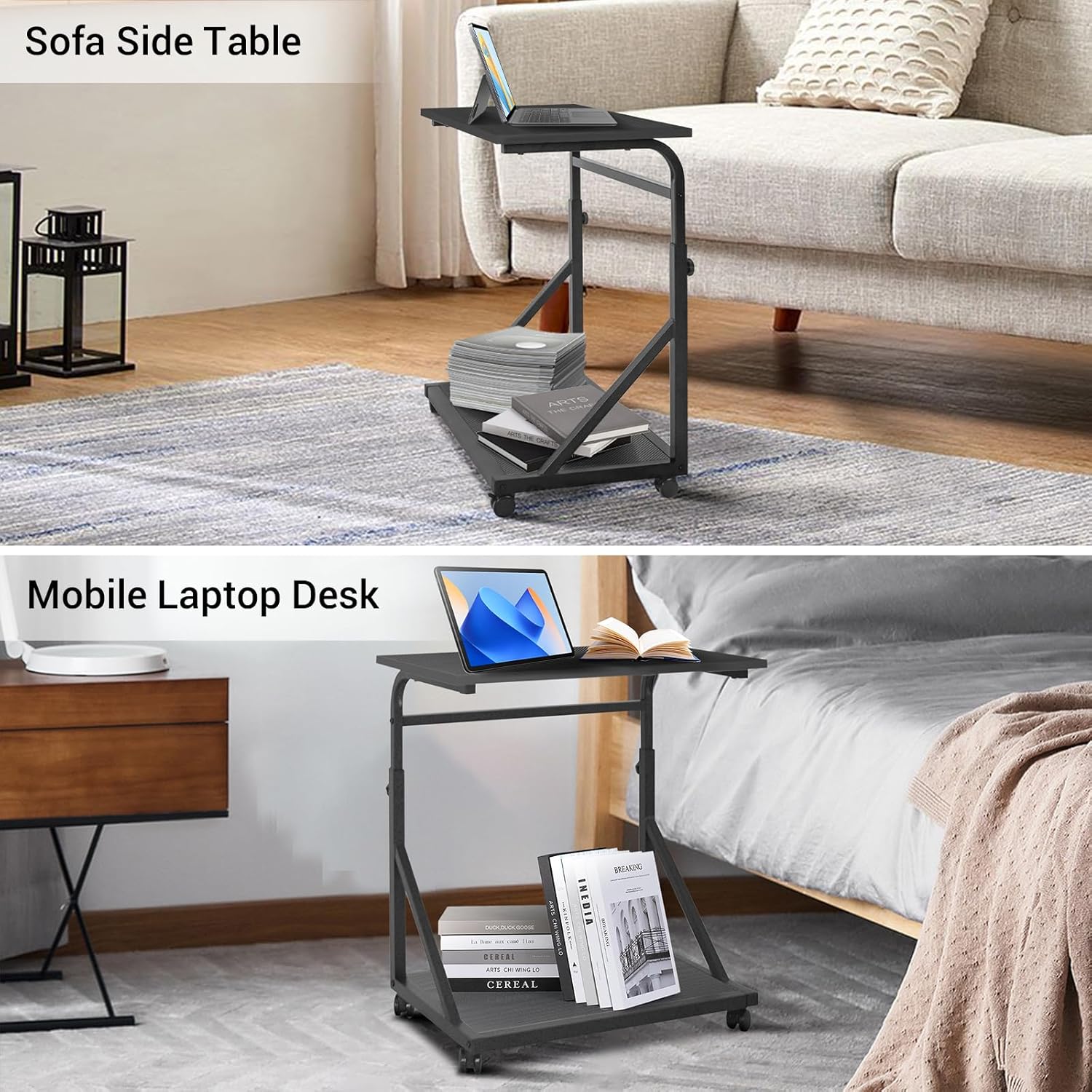 Computer Tower Stand, 2-Tier CPU Stand with Lockable Wheels, Adjustable Height PC Stand for Floor, Mobile PC Laptop Standing Table for Home Office (Black)