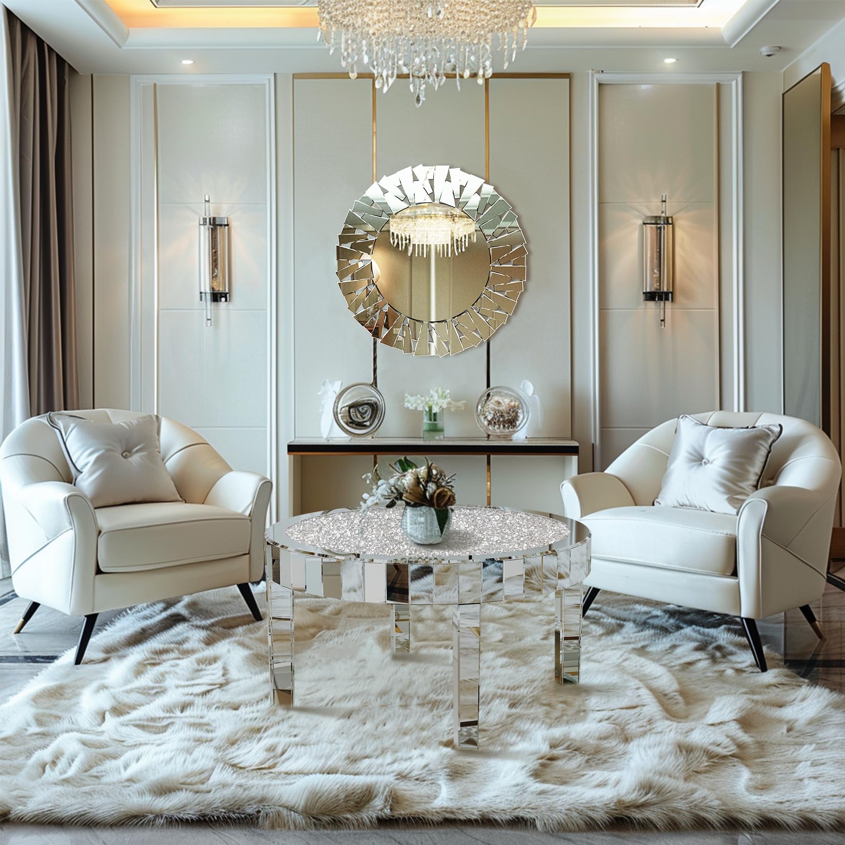 Mesa de Centro Redonda de Espejo y Diamantes: Mesa Cafe Baja Barroca Plateada Brillante Decorativas para Sofá Salón Habitacón Oficina 80x80x46cm