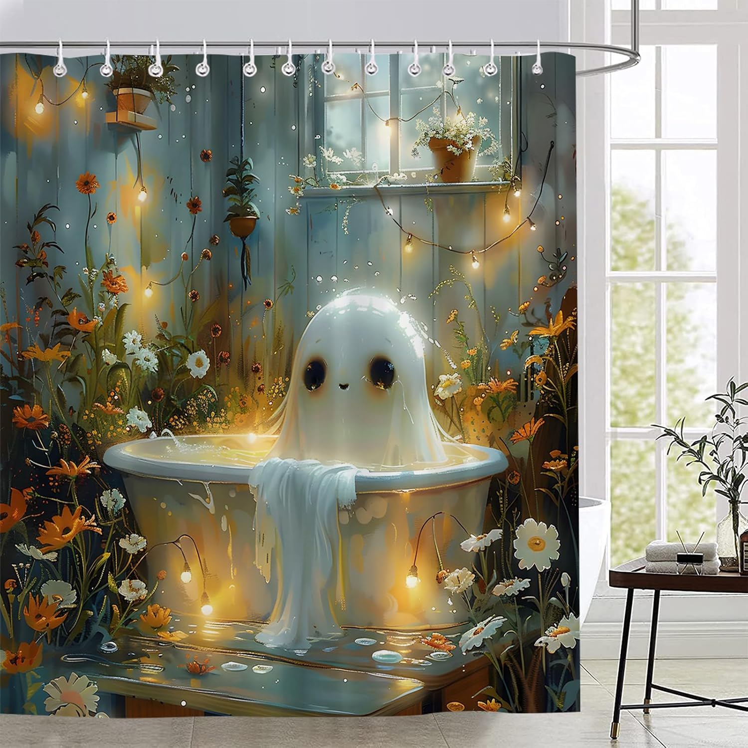 Halloween Spooky Shower Curtain Cute Ghosts Rustic Floral Plants Funny Holiday Polyester Fabric Bathroom Decor Set with Hooks 70X88 Inch