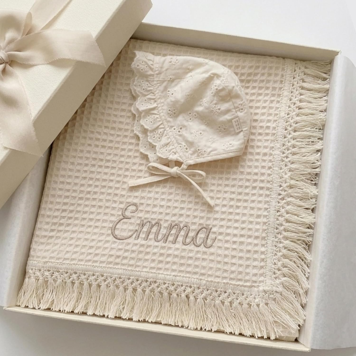 Personalized Fringe Baby Blanket and Bonnet Set, Custom Embroidered Blanket with Name, Personalized 2 in 1 Gift for Newborn Babies, Knitted Fringe Blanket 39x43 Inch Shower Gift(Bonnet Optional)