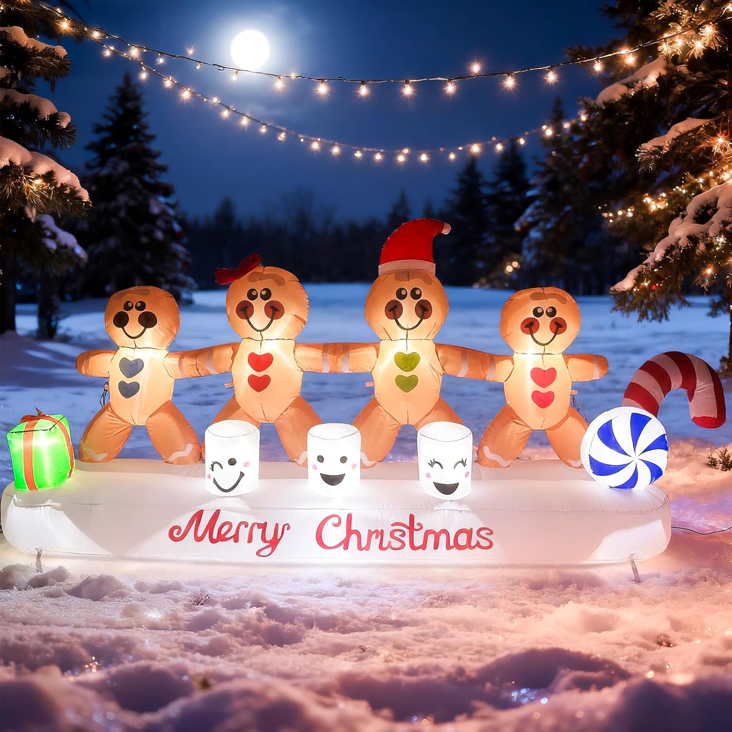 10 FT Long Christmas Inflatable Gingerbread Man Outdoor Decoration, 4 Gingerbread Hand in Hand Christmas Blow Up Yard Decorations with Build-in 10 Led Lights for Yard Garden Lawn Xmas Party Decor