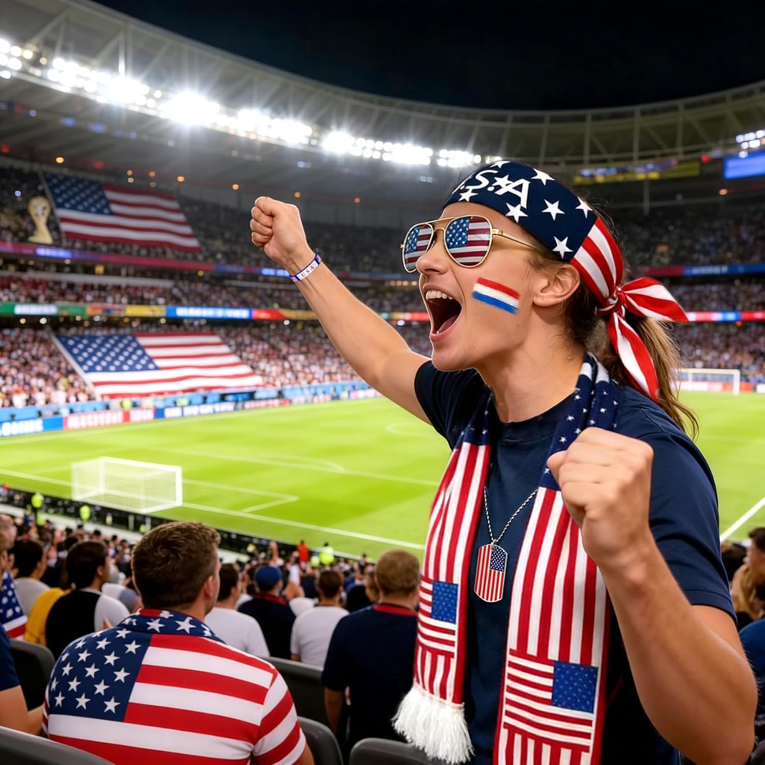 2026 USA Fan Kit - Patriotic Supporter Set for Game Day, Watch Parties & National Celebrations, Includes American Flag Scarf, Headband, Wristbands, Face Paint, Necklace, Sunglasses (7-piece set) - Image 2