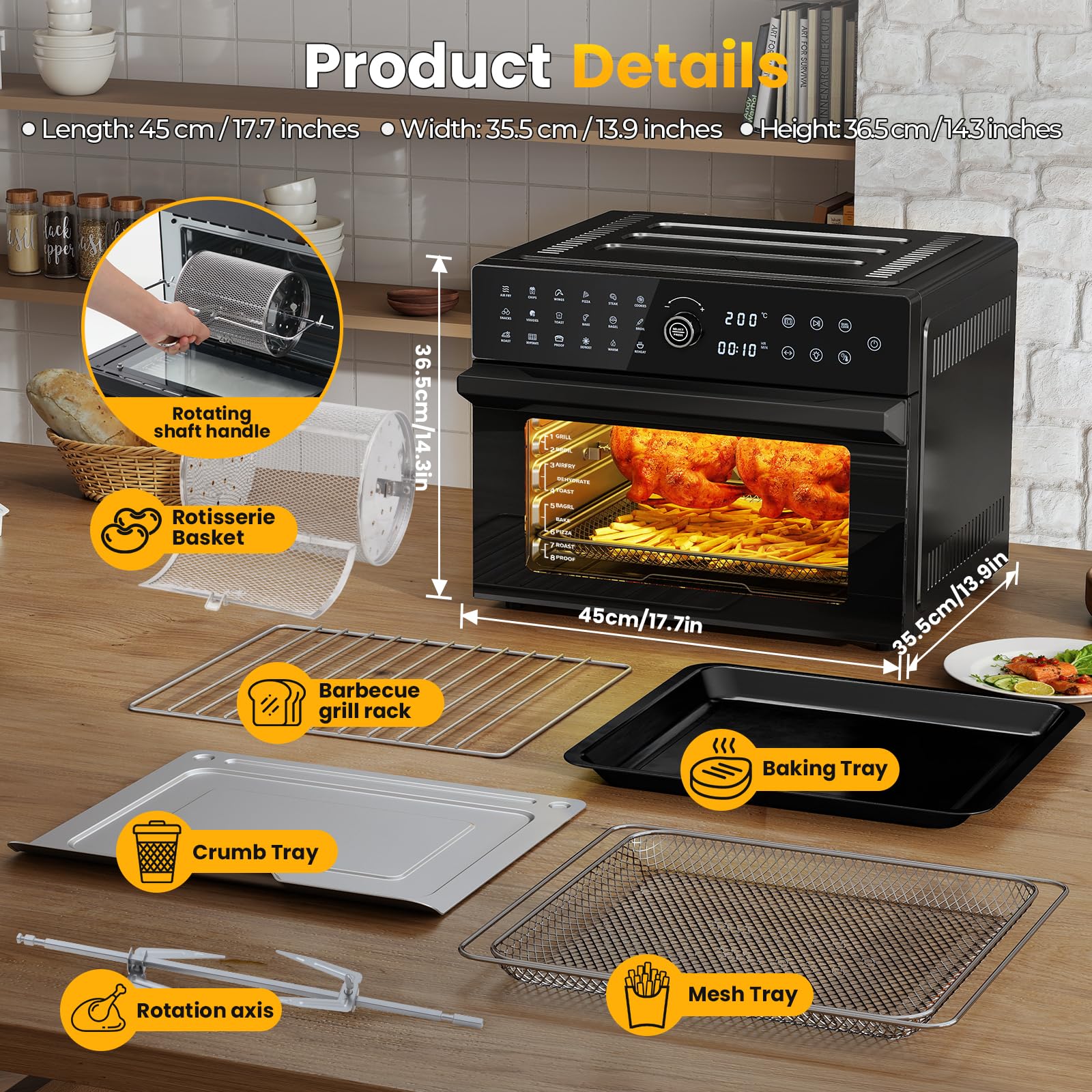 Heißluftfritteuse XXL 30L – Heißluftofen mit Umluft, 18 Programme, 9 Zubehörteile, LED-Touchscreen, Sichtfenster, 1800W, 80-230°C, ohne Öl, inkl. Rezeptbuch