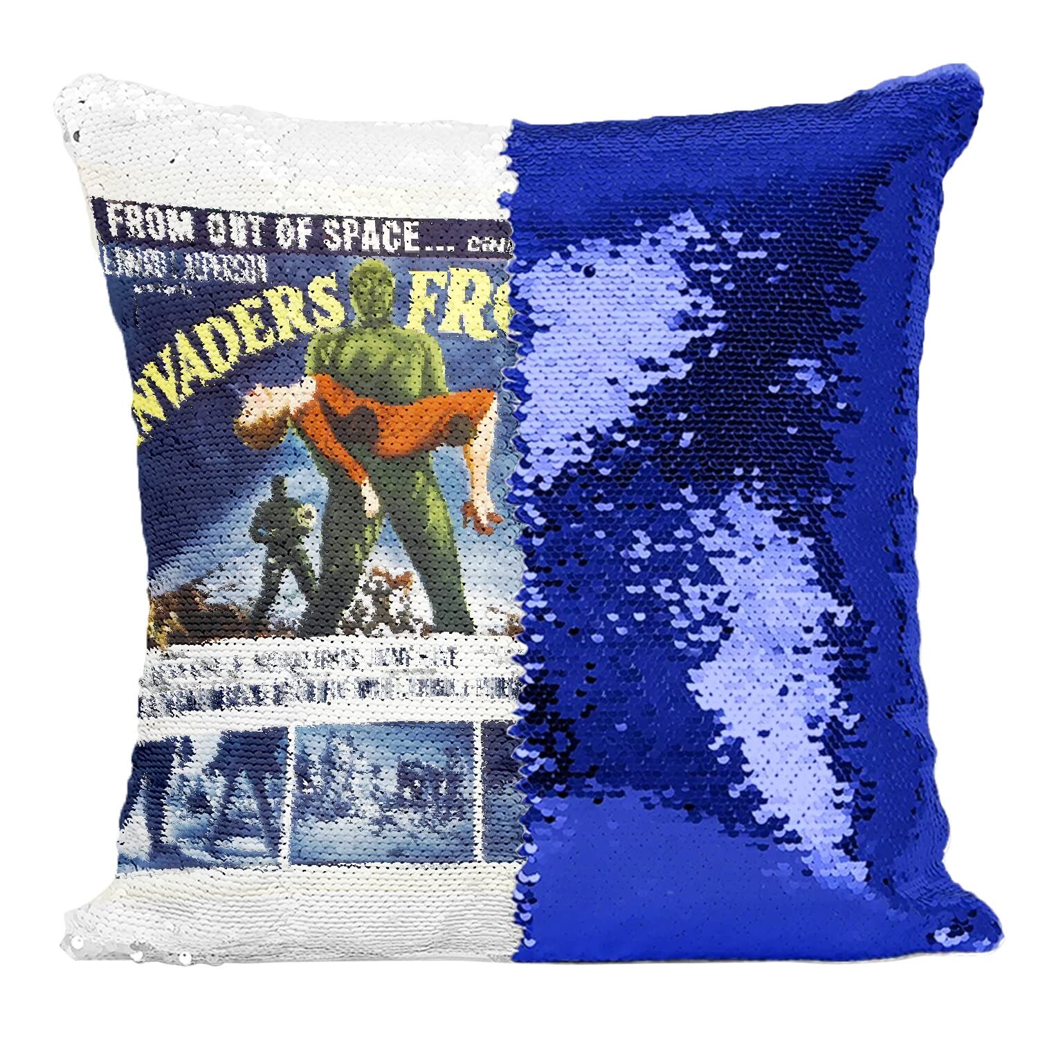 Coussin Paillettes Bleu Invaders from Mars pour Déco Salon Geek