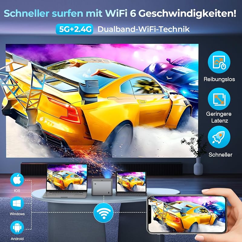 Tasofac 4K Projektor Autofókusz Trapézkorrekció 26000 Lumen WiFi Bluetooth