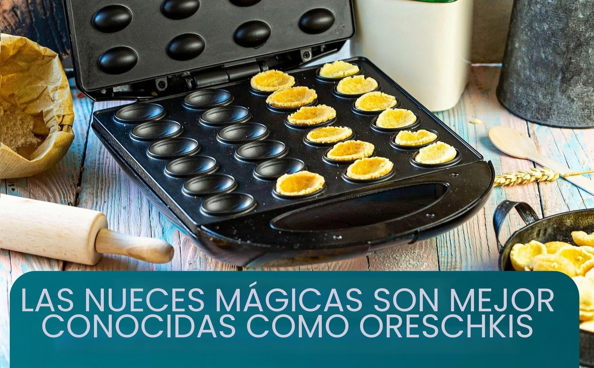 Oreschki - Molde para gofres con forma de nuez, asas Cool Touch, 1400 W, revestimiento antiadherente, gofres, nueces mágicas, Oreschki (blanco crema)