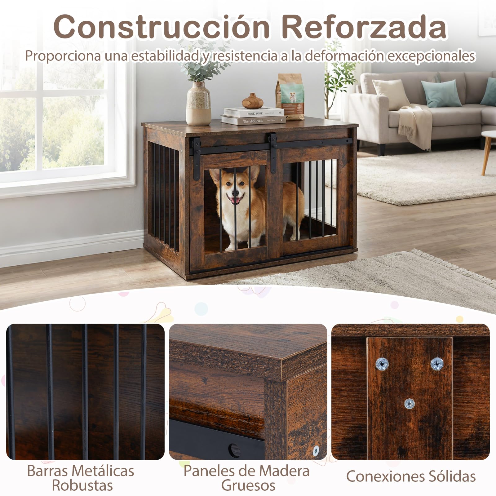COSTWAY Jaula para Perros, Mueble para Perros con Puerta Corrediza, Mesa Lateral Decorativa, Estructura Metálica, Mueble Jaula de Madera para Mascotas Pequeñas y Medianas, 80 x 54 x 57 cm (Marrón)