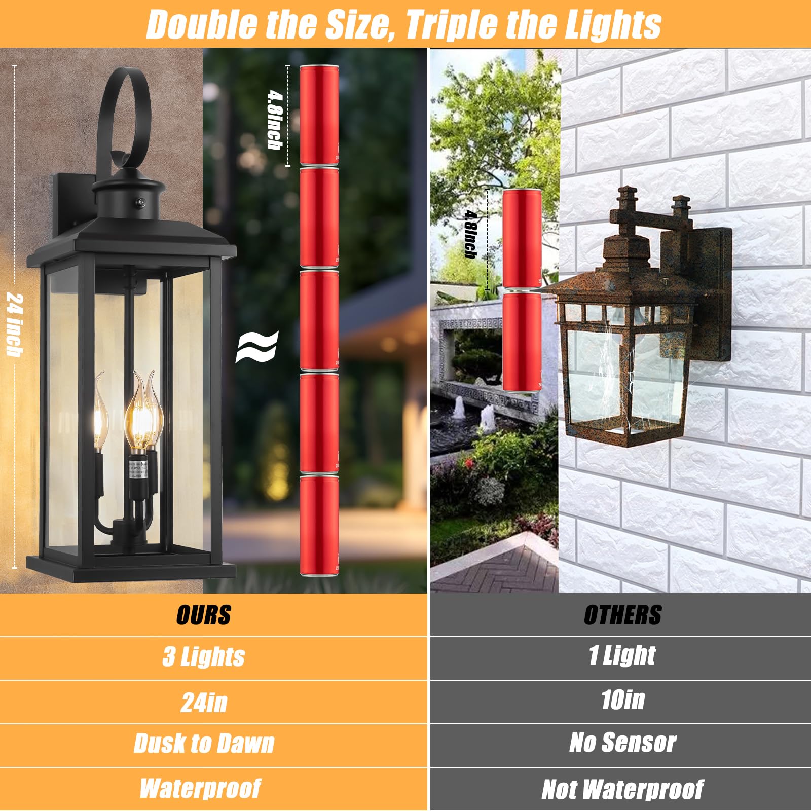 24 Dusk to Dawn Outdoor Wall Light Fixture 2 Pack-Black Extra Large Modern Porch Lantern 3-Light Waterproof Exterior — view 2