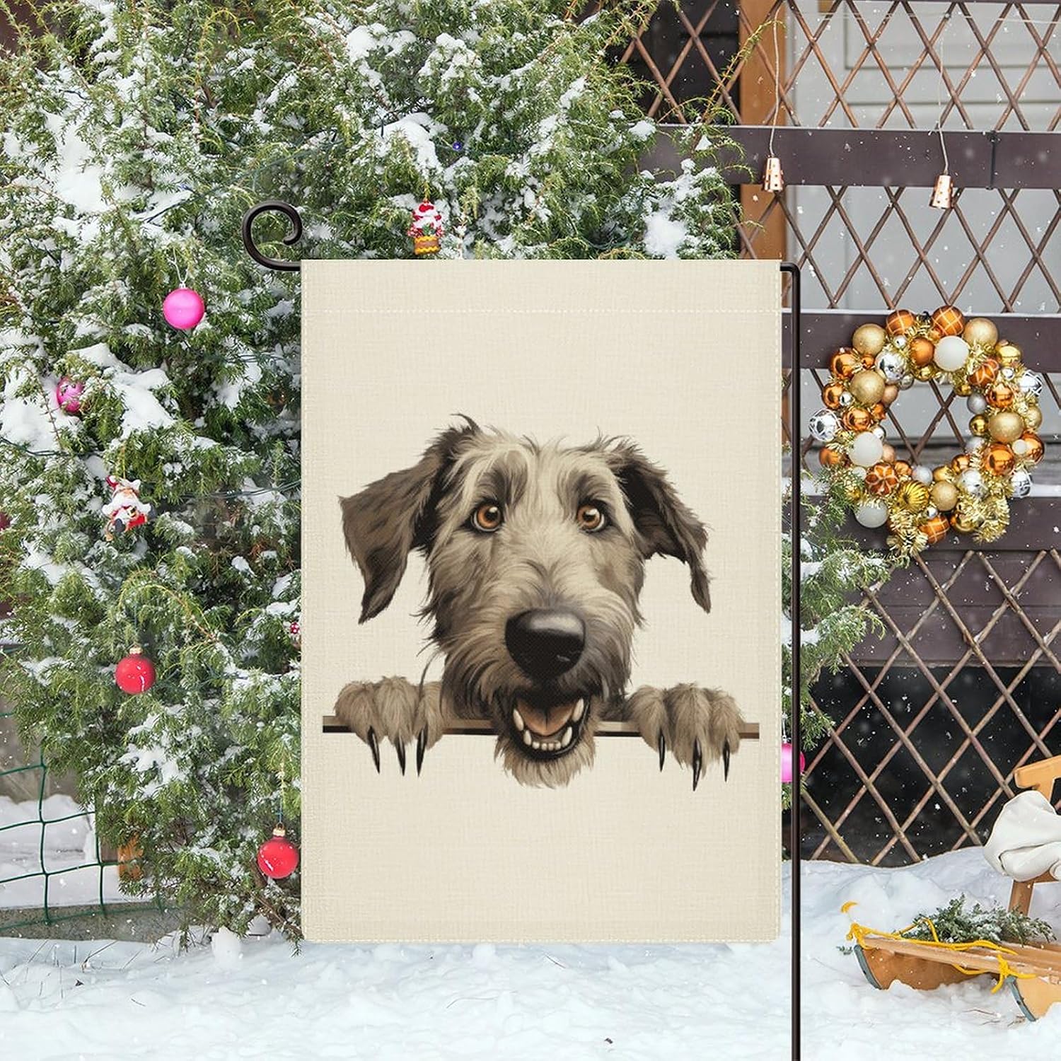 Irish Wolfhound Burlap Garden Flag, Peeking Dog Flag Welcome Garden Flags 28"X40" Welcome Double Sided Vertical Yard Outdoor Decoration