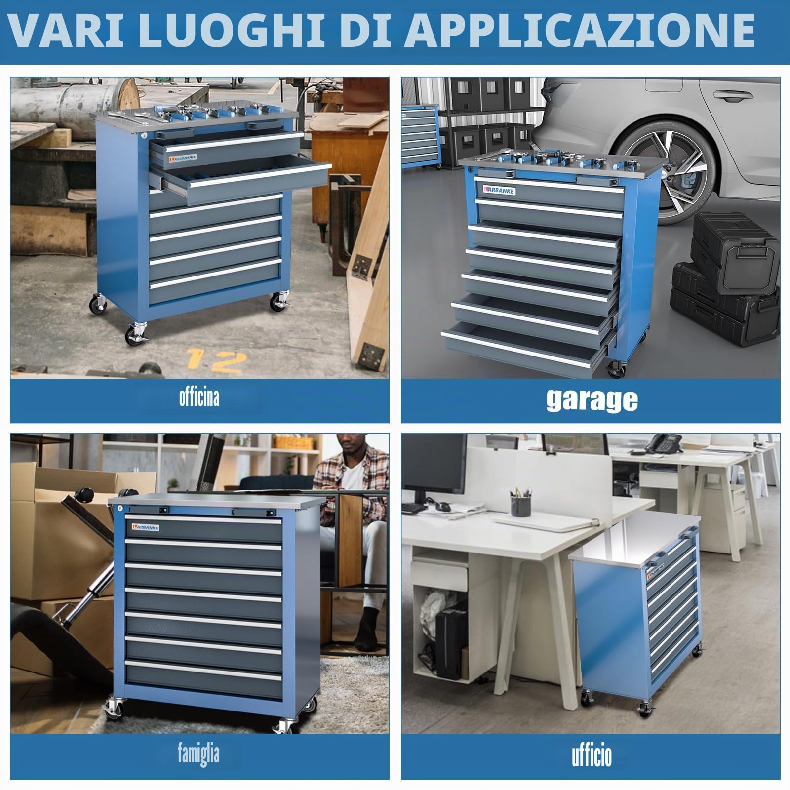 LARBANKE Carrello Portautensili con 7 Cassetti,Carrello de Officina con ruote a 360°, Armadio Portautensili con piano di lavoro in acciaio inox, Porta Attrezzi Officina con sistema di bloccaggio
