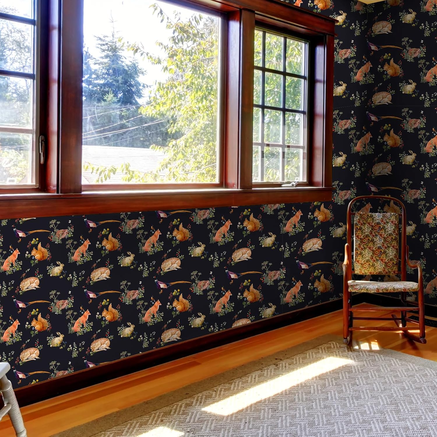 Black Animal Floral Wallpaper Peel and Stick Rabbit Fox Squirrel Deer Hedgehog Wallpaper for Bedroom Forest Wildflowers Animal Contact Paper, Self Adhesive, Removable, Vivid, Dark, 12"x118"