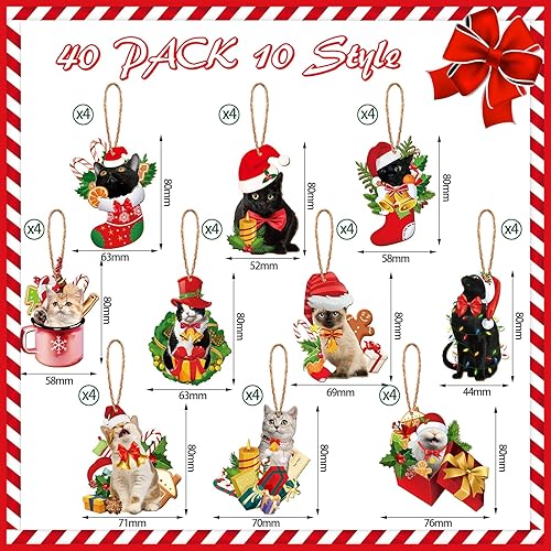 Miniatura 2 de Spiareal 40 Pcs Christmas Cat Ornament Set Xmas Decor Tree Hanging Cat Wooden Holiday Decoration Ornaments for Christmas Tree Outdoor Hanging(Real)