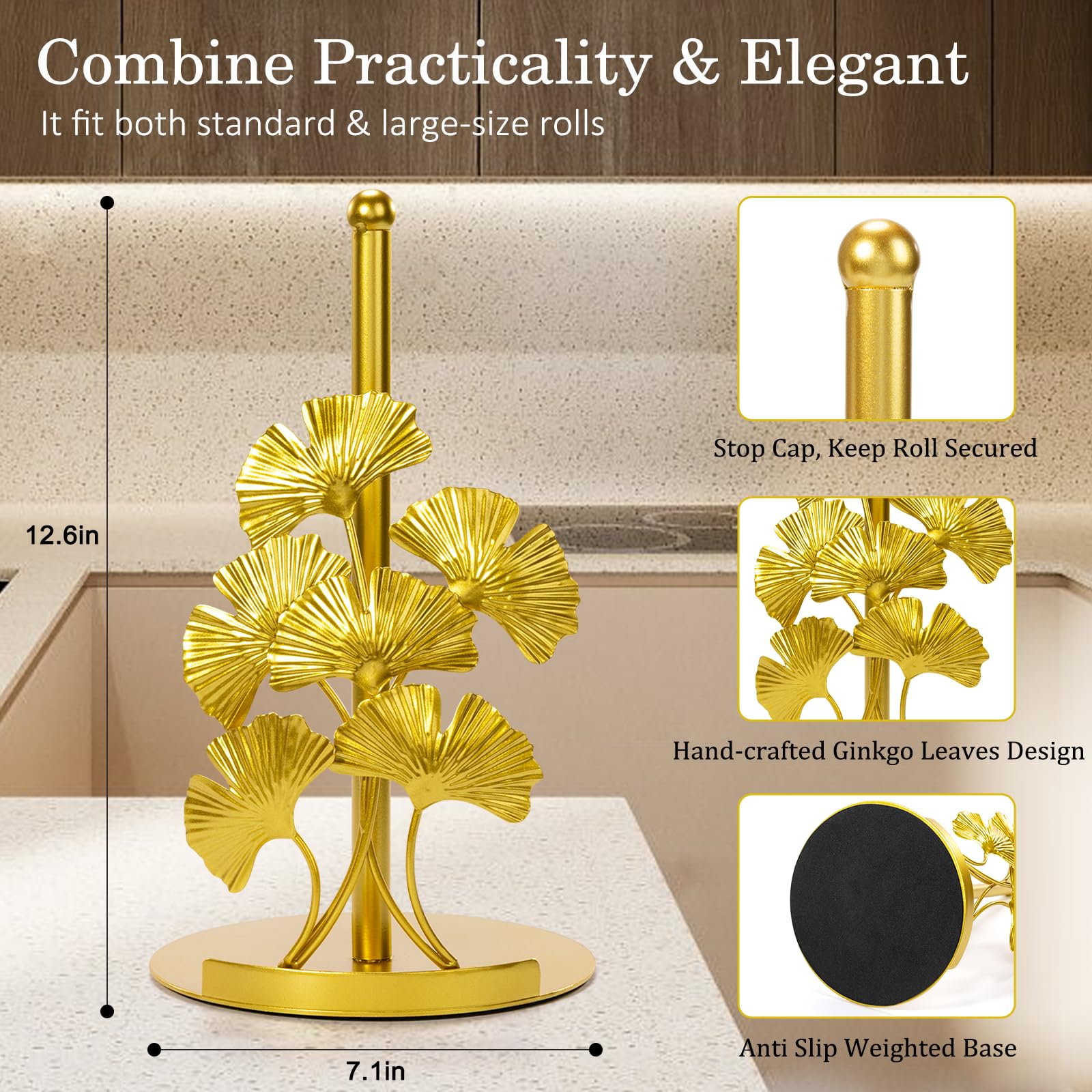 Gold Ginkgo Leaf Paper Towel Holder - Weighted Metal Base, 3D Handmade Design - Luxury Kitchen Decor - View #3