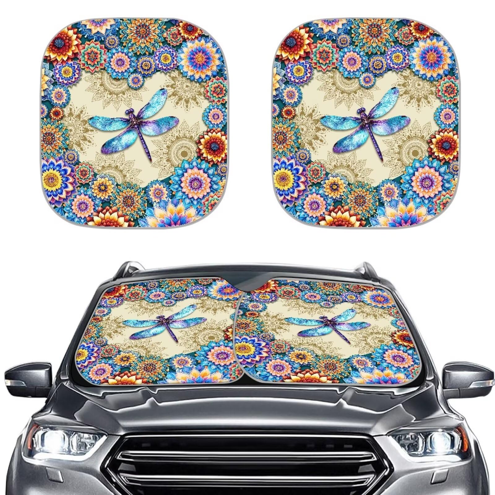 Qpednta Hippie Flower Dragonfly 2 PCS Car Windshield Sun Shade Foldable Sunshade Universal Vehicle Accessories Auto Sun Heat and UV Rays Blocker Keep