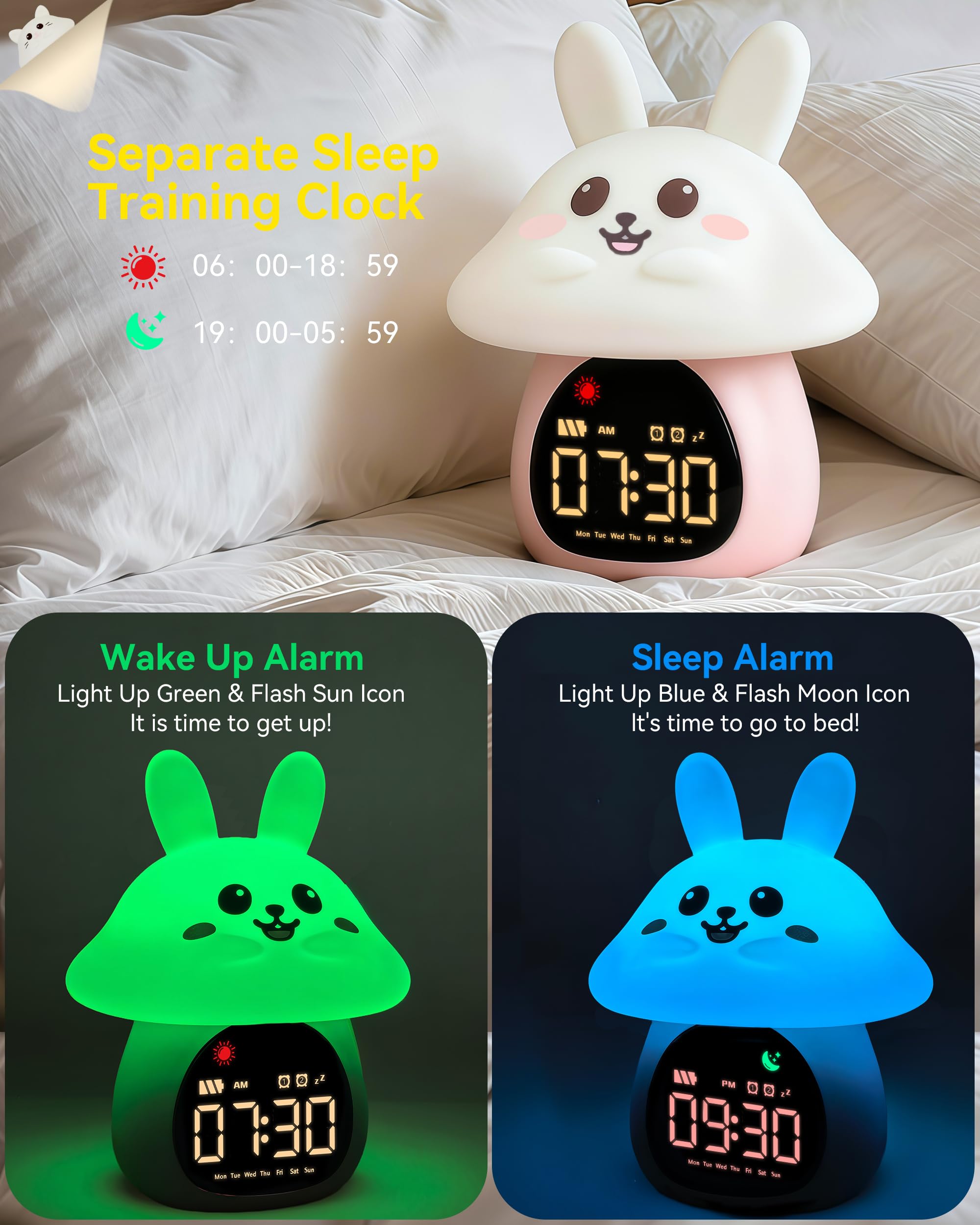 Yiliaw Sleep Training Alarm Clock with Night Light for Kids, Ok to Wake Clock with Dual Alarms, Night Light & RGB Colors - Image 3