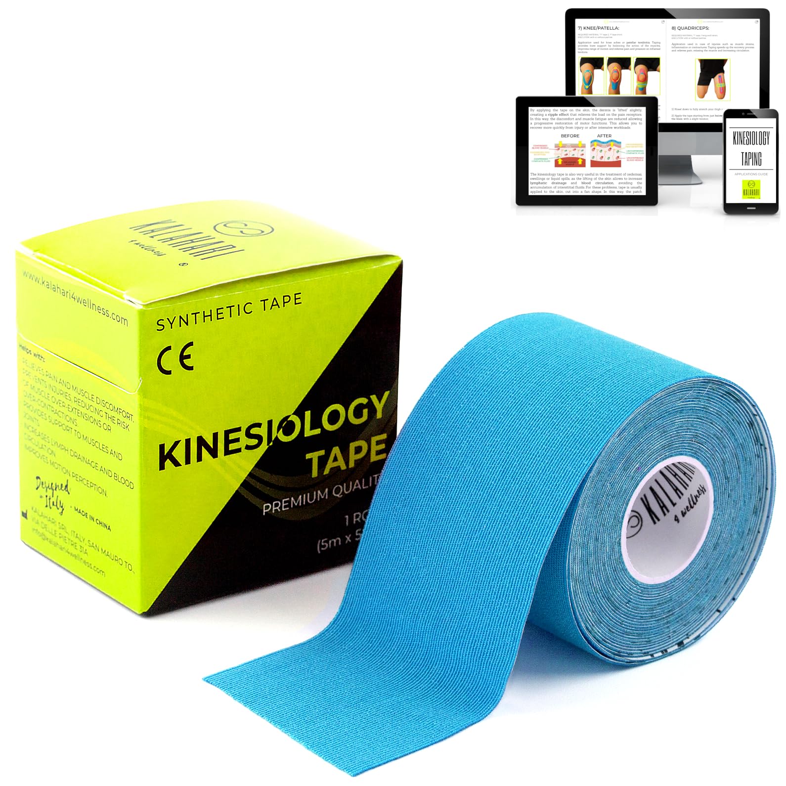 KALAHARI Profesjonalna Taśma Kinezjologiczna plus E-Book z metodami Aplikacji - Syntetyczna Kinesiology Tape zapewniająca lepszą Przyczepność i Wodoodporność oraz Odporność na Pot - 5cm x 5m NIEBIESKI