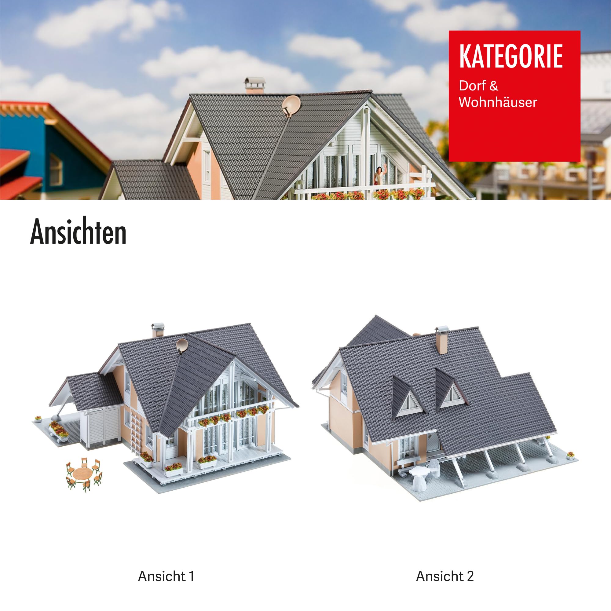 FALLER Haus Prestige Modellbausatz mit 258 Einzelteilen 176 x 166 x 100 mm I Modelleisenbahn Zubehör H0 I Modelleisenbahn H0 Einfamilienhaus, Grau, Weiß und Creme