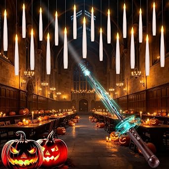OCATO Upgraded 20Pcs Floating Candles with Wand for Halloween Decorations | Magic LED Hanging Floating Candle, Battery Operated Flameless Candles with Timer, Birthday Gifts/Halloween Party Indoor Decor