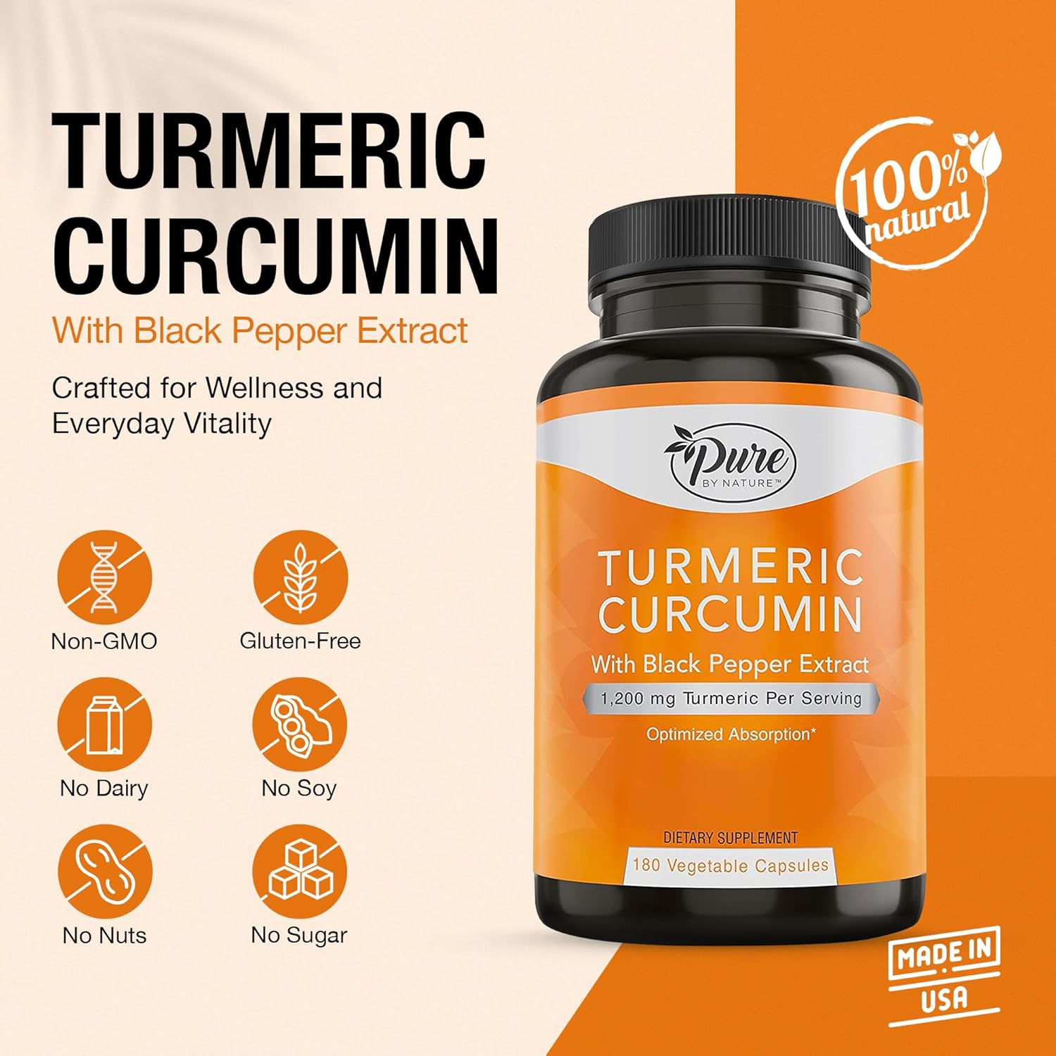 Pure By Nature Turmeric Curcumin with Black Pepper Extract 10 mg Capsules, 1200 mg per Serving, Organic, High Absorption Antioxidant Support (180 Count) - Image 2