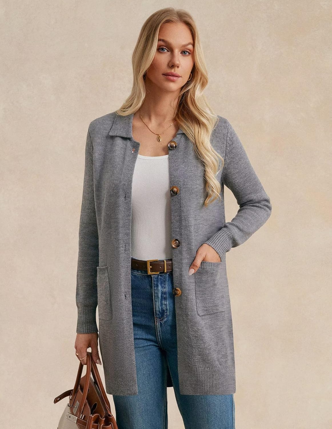 GRACE KARIN Women's Fall Long Cardigan Sweaters with Pockets, Button Knit Blazer Trendy, Open Front Dressy Casual Jacket - Image 2