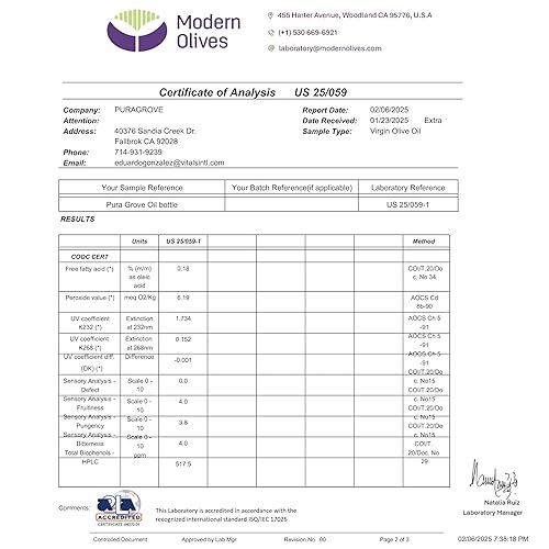 Miniatura 2 de Pura Grove Aceite de Oliva Virgen Extra Orgánico Prensado en Frío Grado Premium - Alto en Polifenoles - Cosechado a Mano y Cultivado en California -