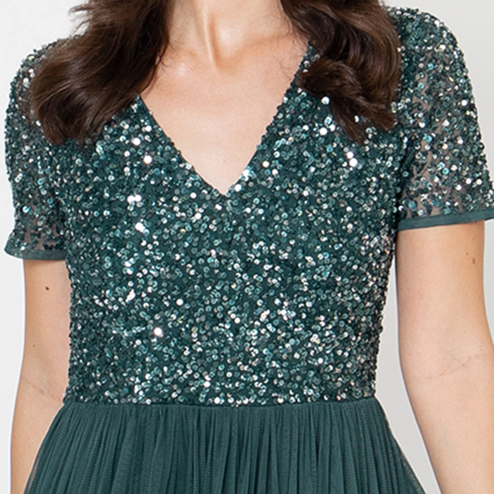 Maya Deluxe Abendkleid mit Pailletten Cocktailkleid Damen mit V-Ausschnitt Tüllkleid Smaragdgrün Größe 54 – Bild 2