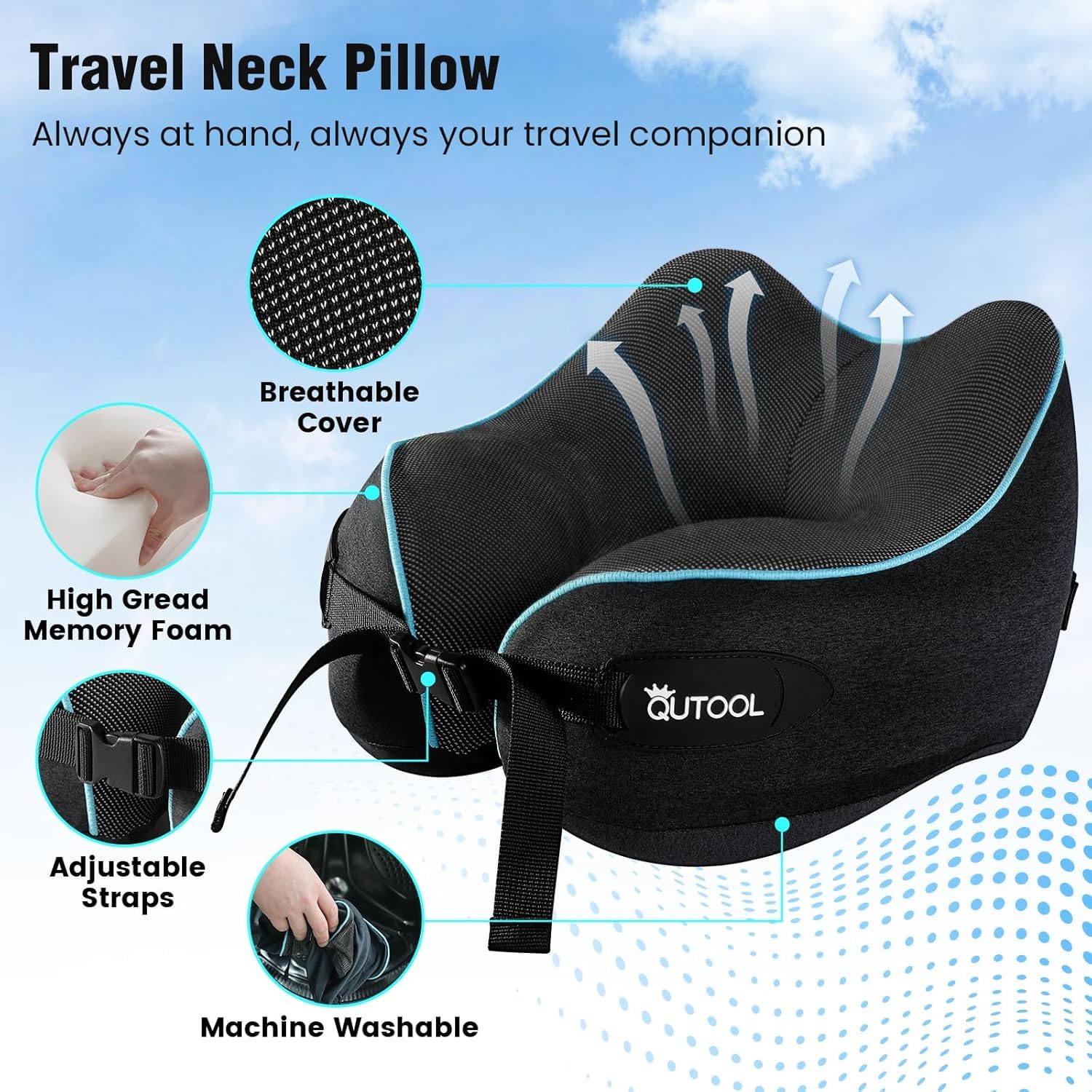 Coussin de Voyage Nuque en Mousse à Mémoire de Forme - Ergonomique et Réglable pour Dormir en Avion, Oreiller de Voyage Léger et Portable pour Voiture, Bureau, Coussion Avion Confortable - Noir