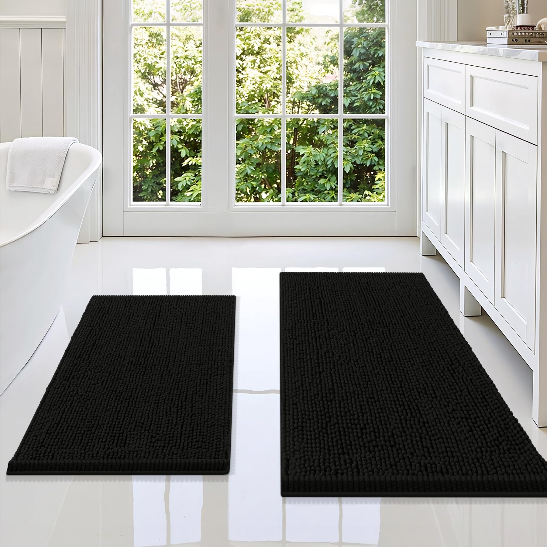 Smiry Chenille Bathroom Rugs Sets 2 Piece (36x24+30x20, Black)