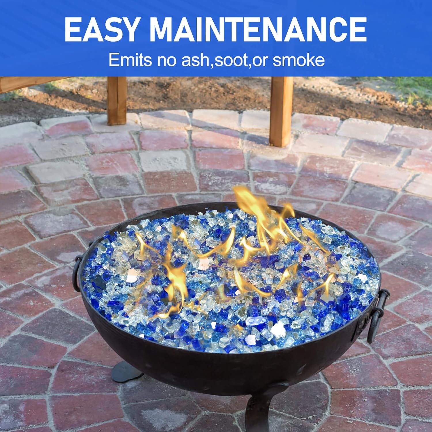 20Ib Fire Glass for Fire Pit - 1/2 inch Reflective Fire Glass Rocks for Propane and Gas Fireplace, Blue Firepit Glass with Inspiration Stone - Blue Mixed