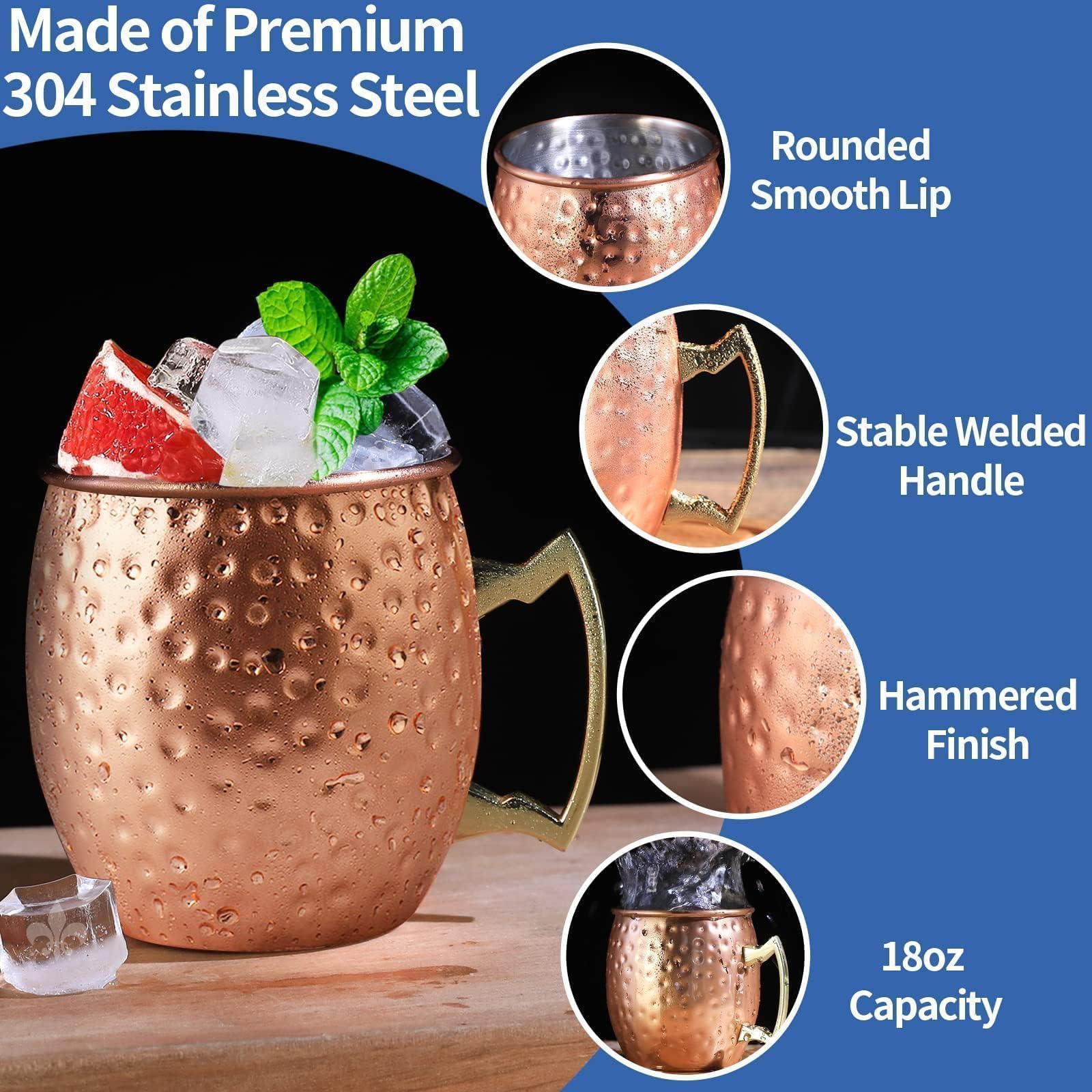 Moscow Mule - Juego de 6 tazas de acero inoxidable chapado en cobre, 18 onzas, para bebidas frías (paquete de 6)