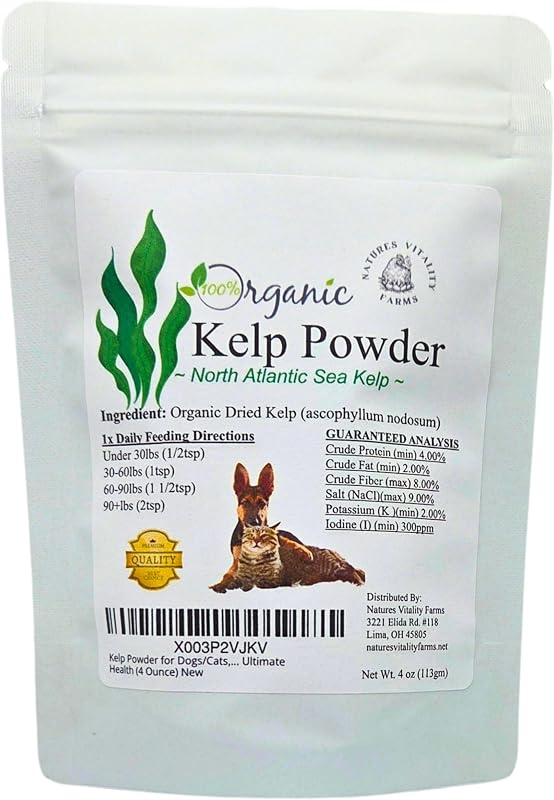 Suplemento de alga marinha em pó para cães e gatos Natures Vitality Farms K1, 100% kelp do Atlântico Norte, 100 g