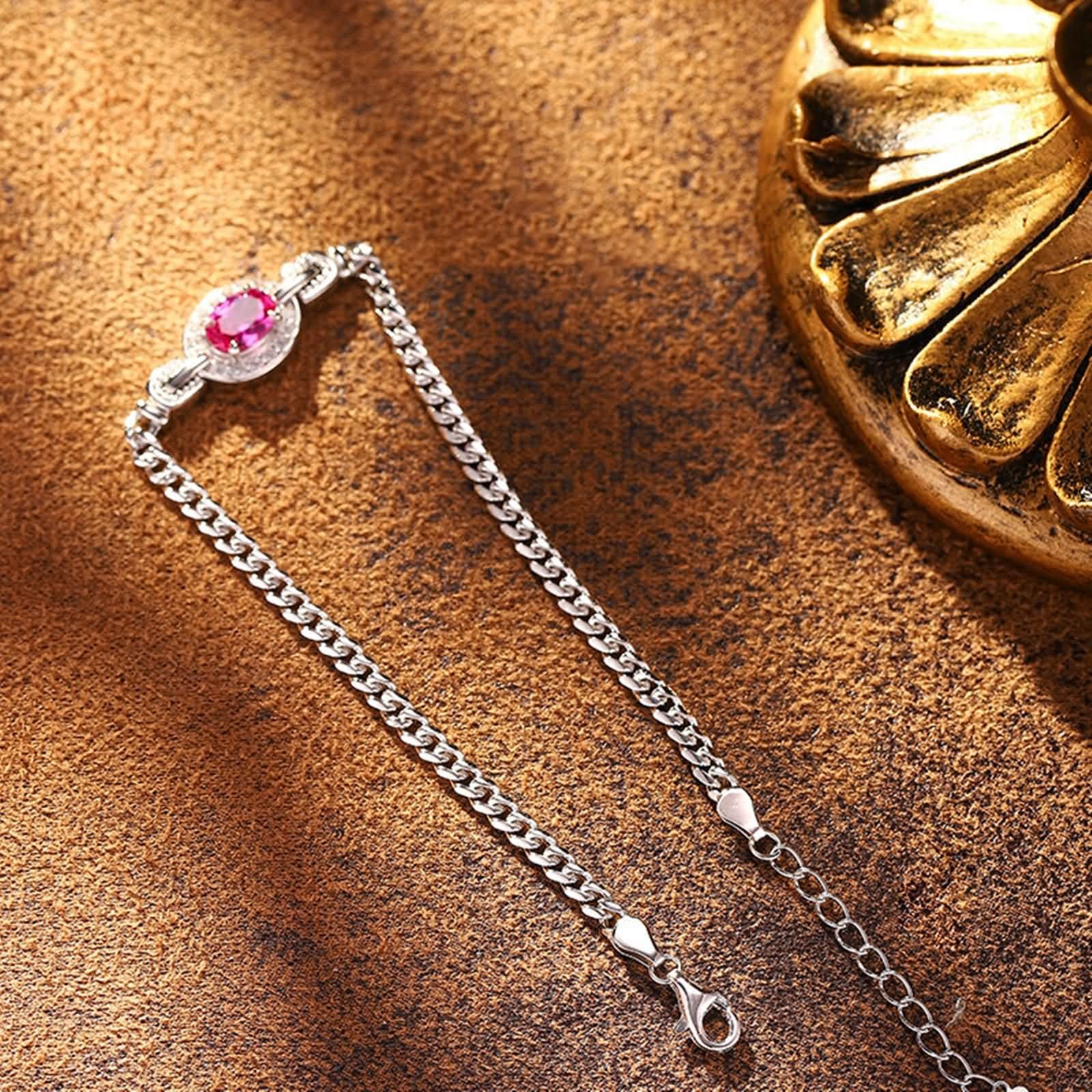 Pulsera de Oro Blanco Mujer 9 Kilates / 14 Kilates / 18 Kilates, Oval con Zafiro Rosa Creado de 1,2 ct y Moissanita, Cadena Extensible 16 CM + 5 CM, Pulseras para Mujer Ajustable Plata Rosa