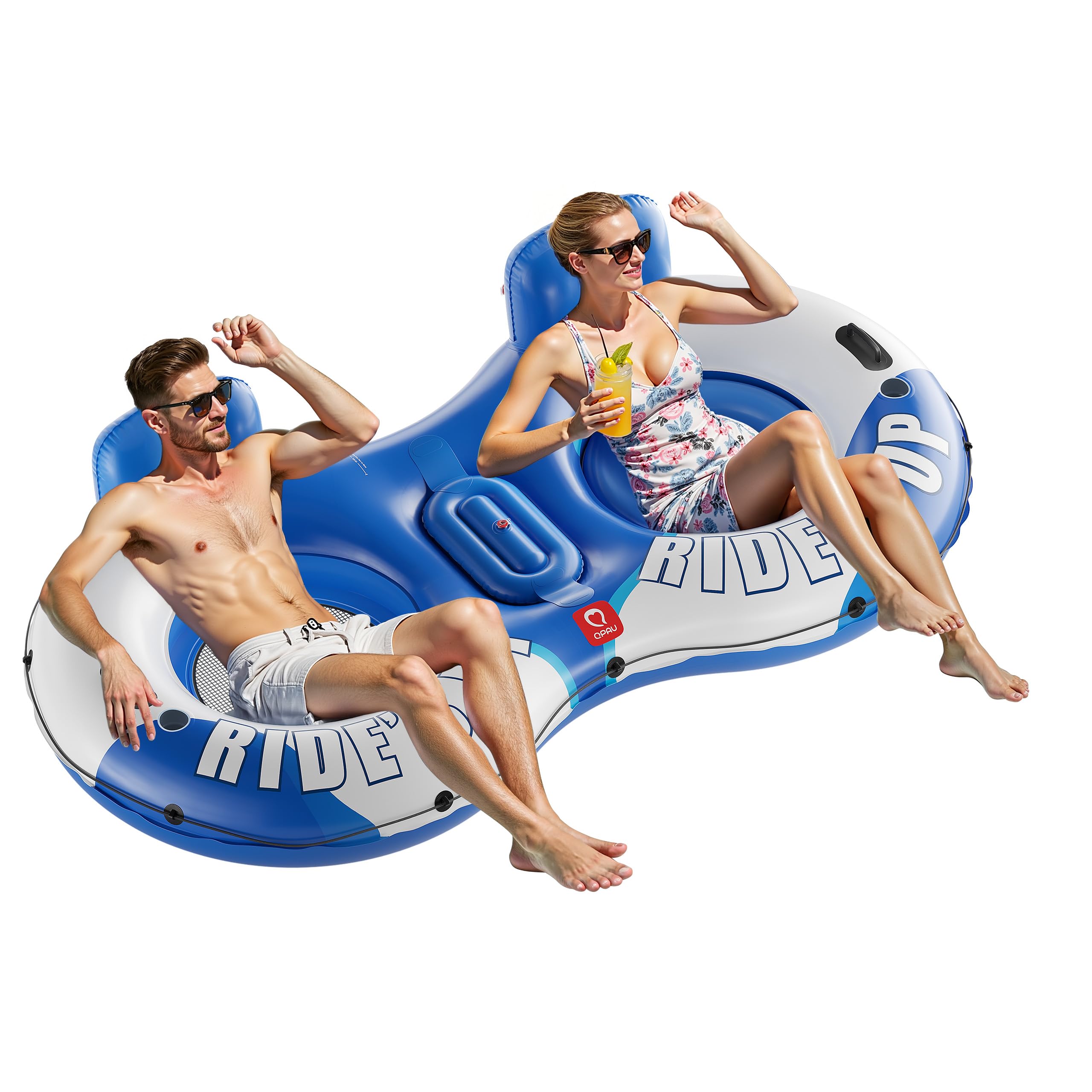 qpau inflatable double river tube, 2 person 660lb capacity, puncture-resistant 93" sturdy heavy duty river float, river raft with ergonomic backrest, cooler & cup holders for family