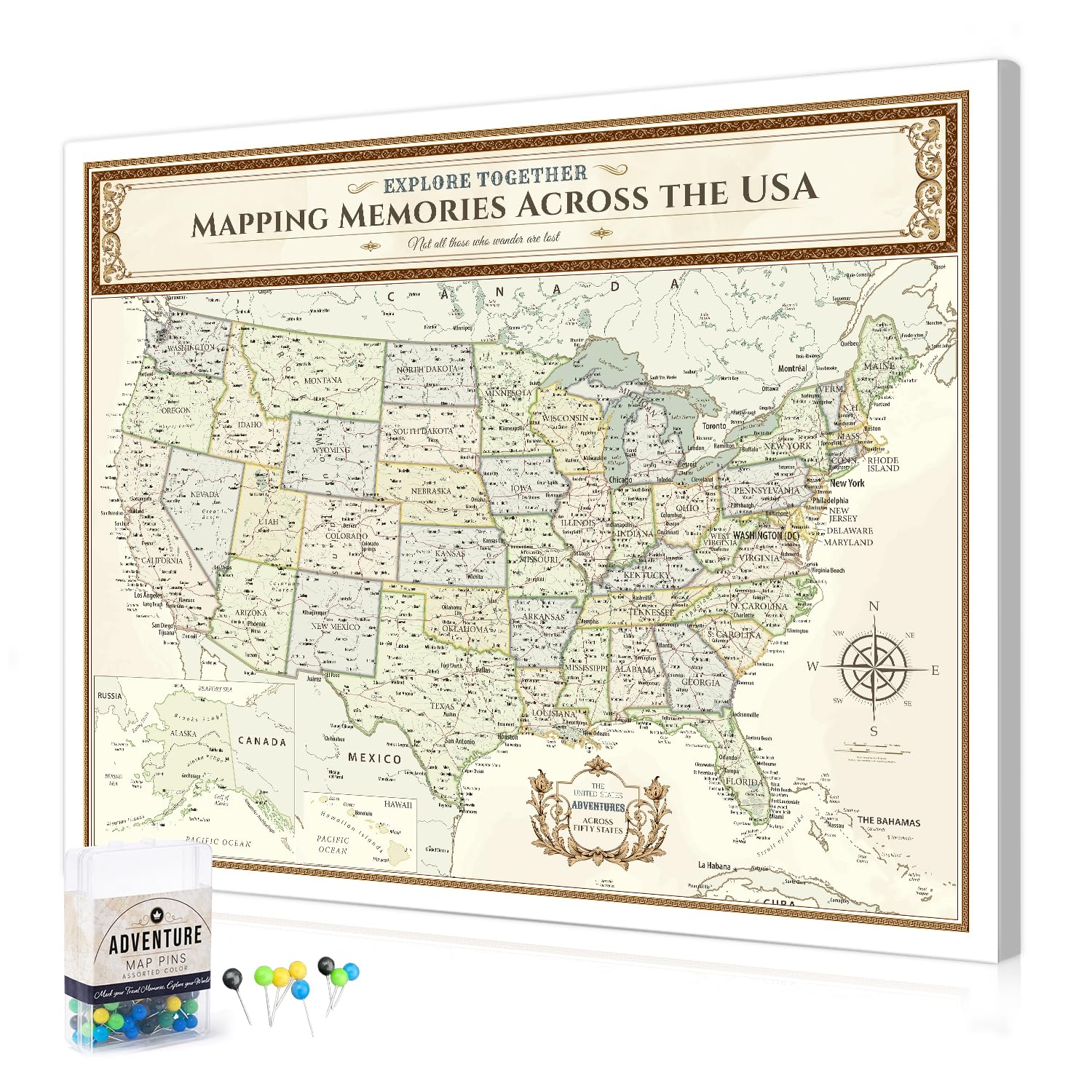 DECORARTS USA Travel Map with Pins, Colorful USA Map Pin Board, 30x24''