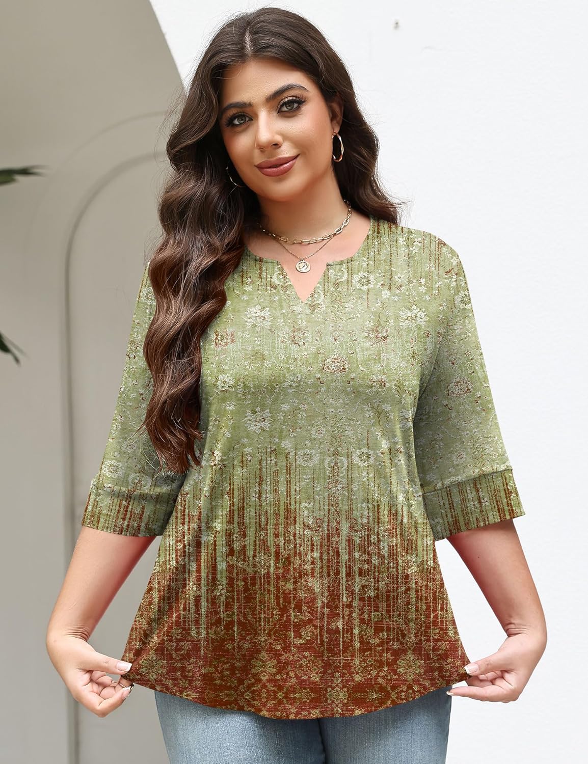 TFSDOD Plus Size Tops for Women V Neck T Shirt 3/4 Length Sleeve Blouse Dressy Casual Tee Loose Fit XL-5X - Image 4