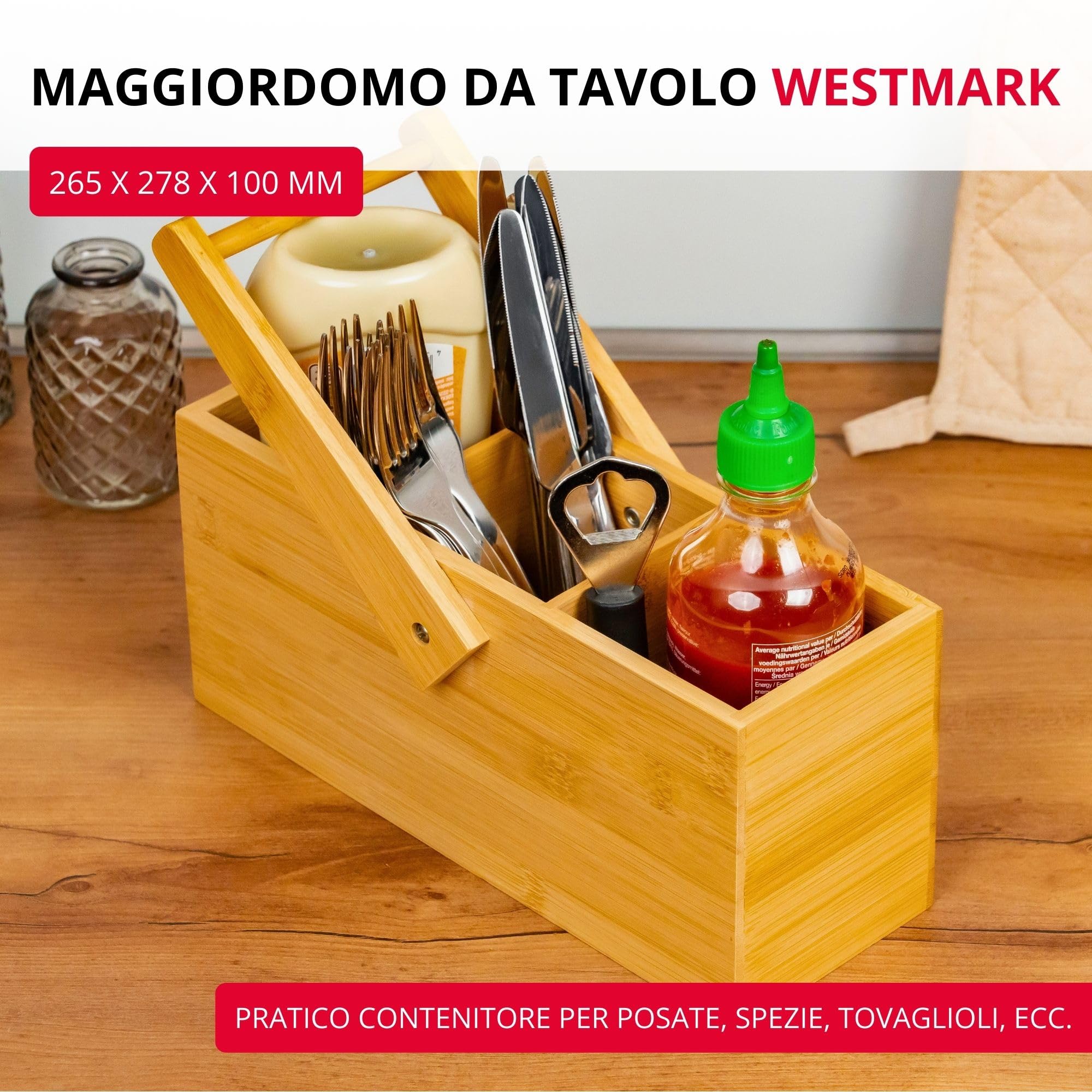 Westmark Cestino portaoggetti da cucina, 3 scomparti, Con maniglia, Dimensioni: 26,5 x 27,8 x 10 cm, Bambù, Tapas + Friends, Marrone chiaro, 69822270