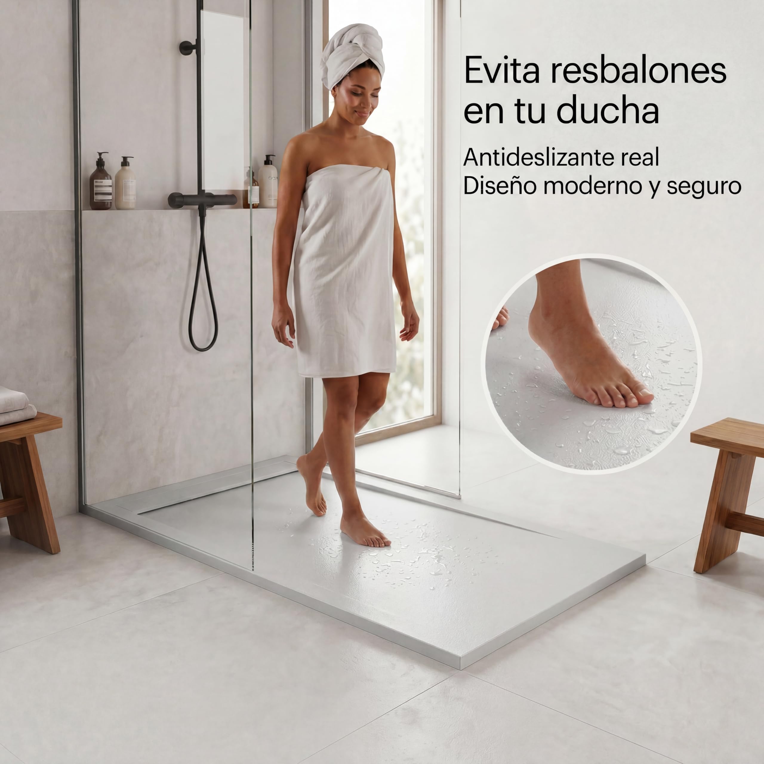 Plato de Ducha Modelo Venecia - Plato Ducha Resina con Textura Pizarra - Disponible en Varios Colores y Medidas - Gris Claro (RAL 7035) 70x170 cm - Incluye Válvula Desagüe y Rejilla.