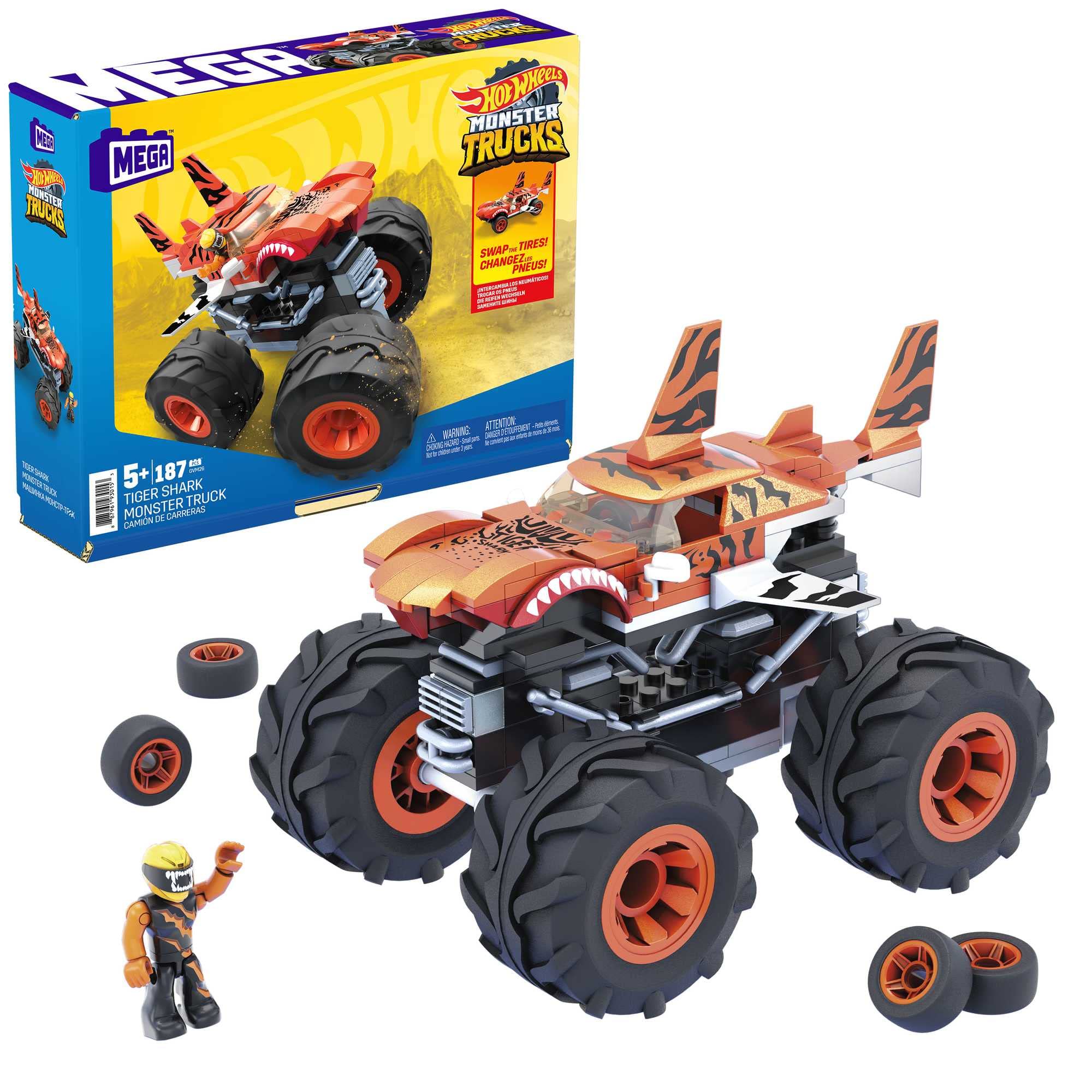 MEGA Hot Wheels Monster Truck Building Toys, Tiger Shark with 1 Micro Action Figure Driver, Giant Wheels and Tiger-Striped Paint, GVM26