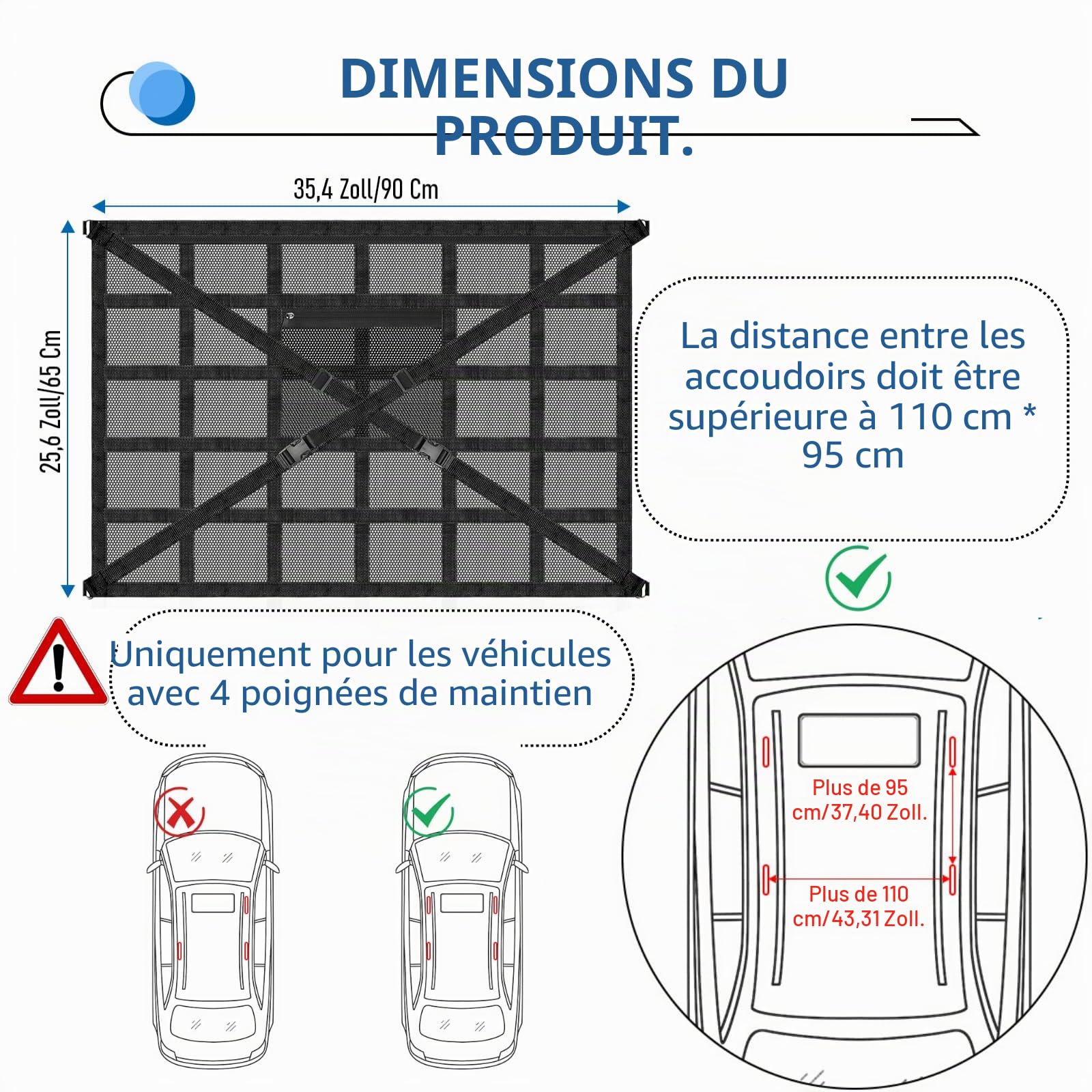 Filet à bagages pour voiture, 90x65cm Filet de toit pour voiture à l'intérieur et filet de siège gratuit, renforcement en forme de X, filet de rangement pour camping-car, SUV, fourgon, Jeeps