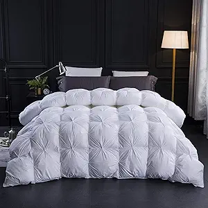 Three Geese Pinch Pleat Waterfowl Feathers Down Comforter King Size Duvet Insert, 1200TC 100% Cotton Fabric, Premium All Seasons White Hotel Warm Comforter with 8 Tabs.