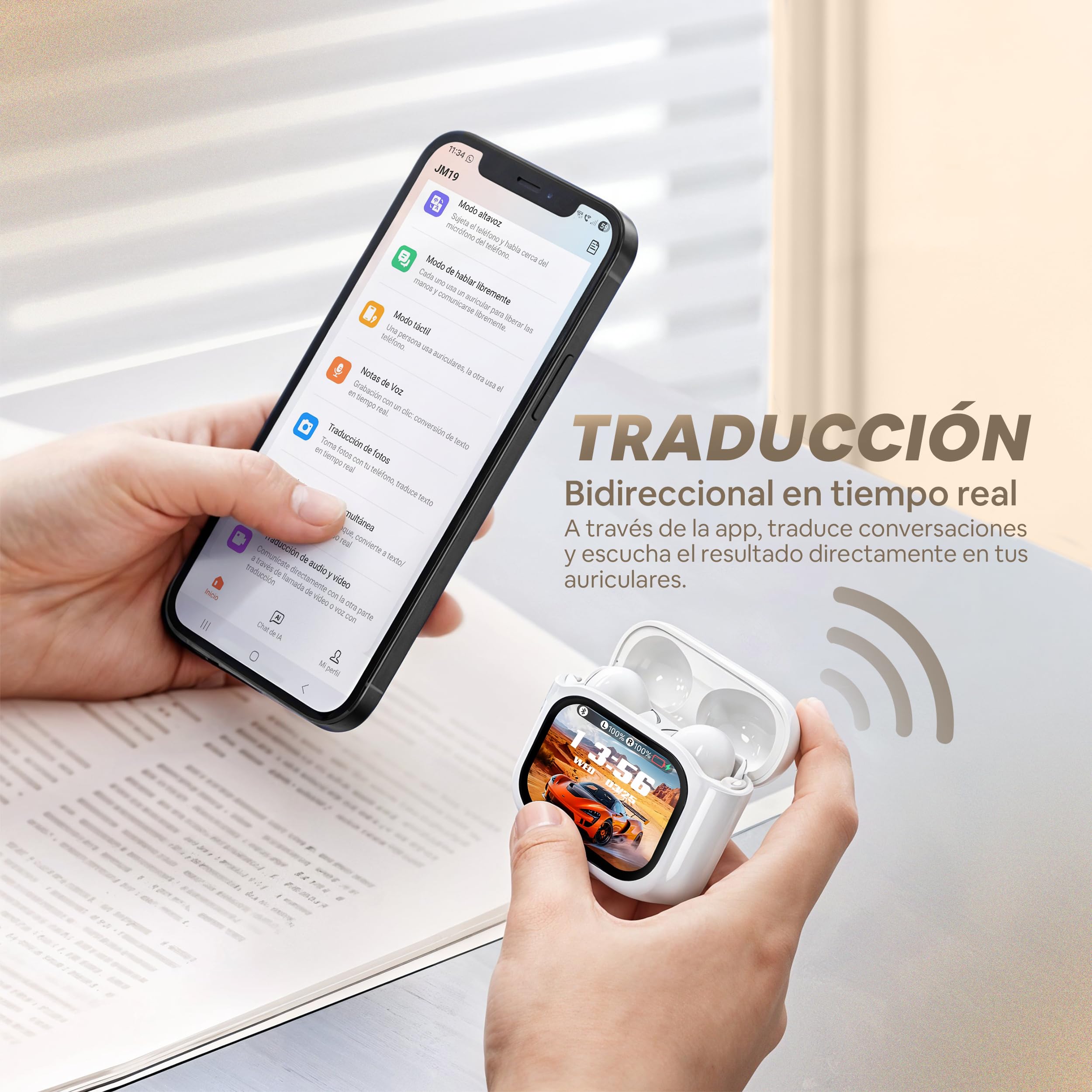 Auriculares Traductor en Tiempo Real 158 Idiomas y Limpiador - Traductor Instantaneo de Voz con iOS y Android - Auriculares Traductores Simultaneos IA con ANC y Estuche con Pantalla Táctil