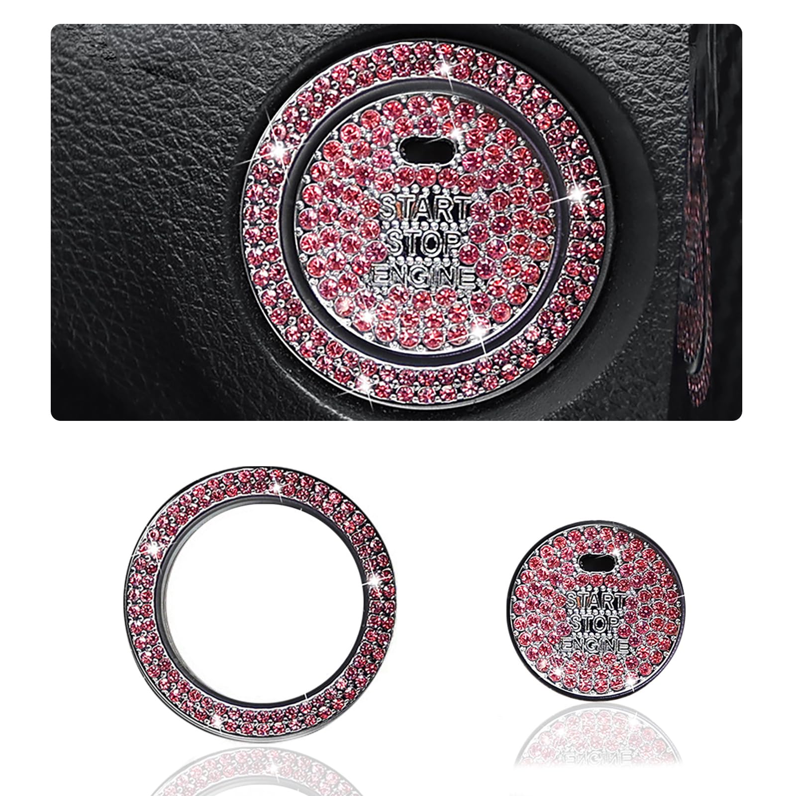 vvag 2 Pack Car Bling Crystal Rhinestone Engine Start Ring Decals, Car Push Start Button Cover Sticker, Sparkling Car Interior Accessories for Women Key Ignition Knob Bling Ring (Perforated Pink)