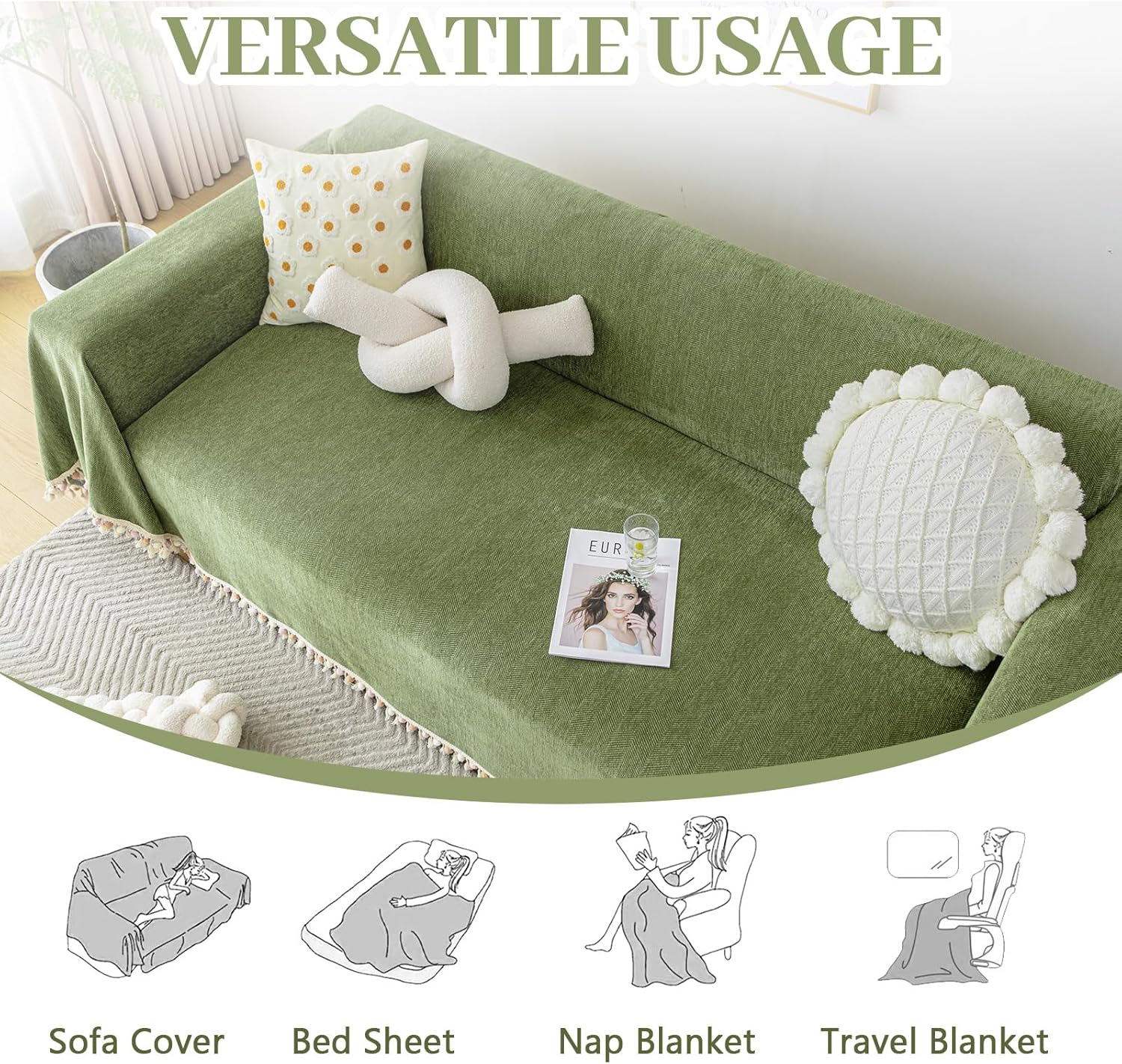 Boho Chenille Couch Cover for Sectional Sofa L Shape, Thick Herringbone Sofa Cover Futon Cover for Dogs Washable, Blanket Couch Covers for 3 Cushion Couch Sofa Pet Friendly, Green, 71"x 150"