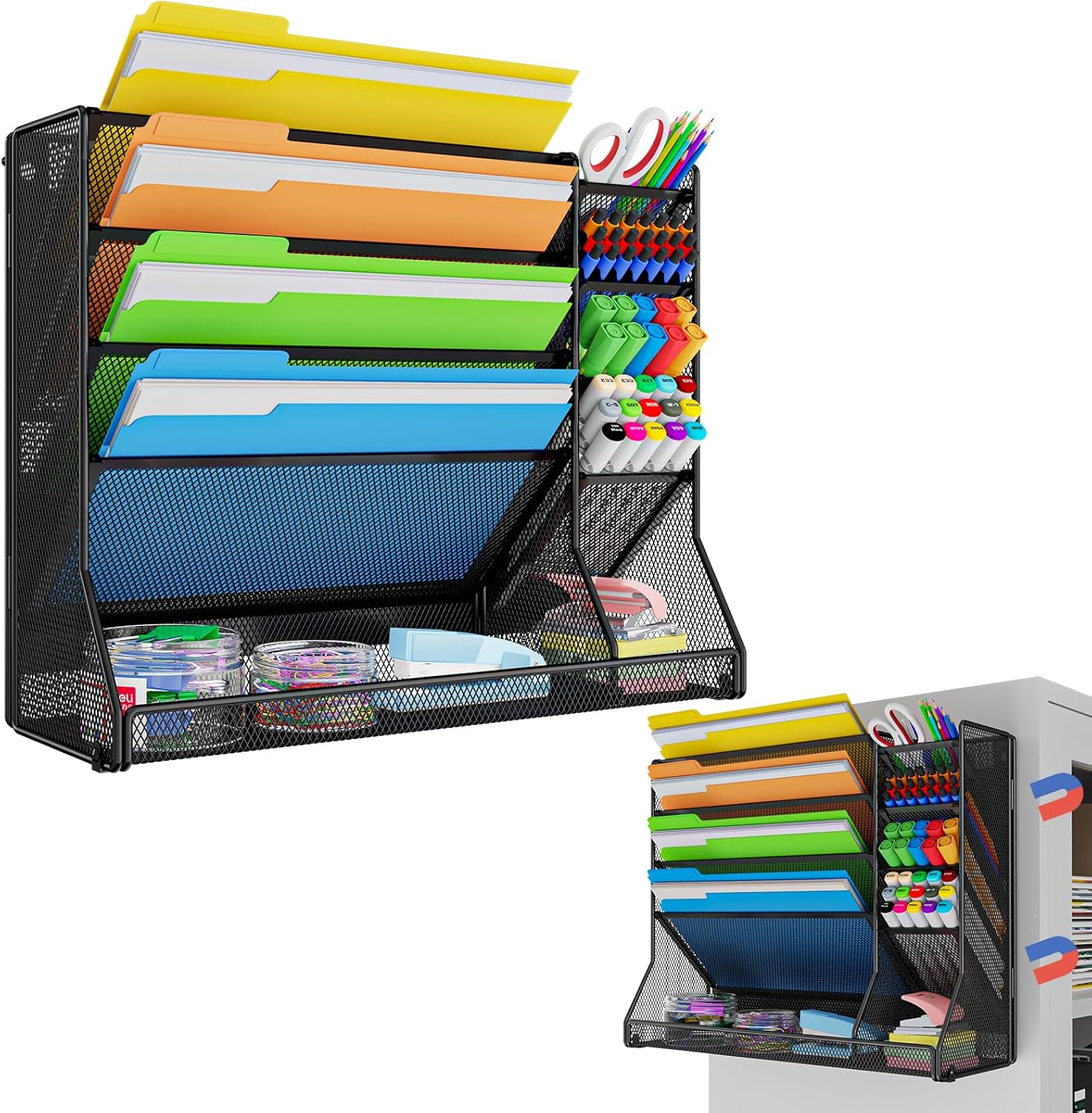 Magnetic File Organizer 5-Tier, No Drilling Installation, Office Magnetic Paper Holder with R-shaped Tray, Wall Hanging File Organizer, Mail Organizer for Refrigerator & Whiteboard & File Cabinet