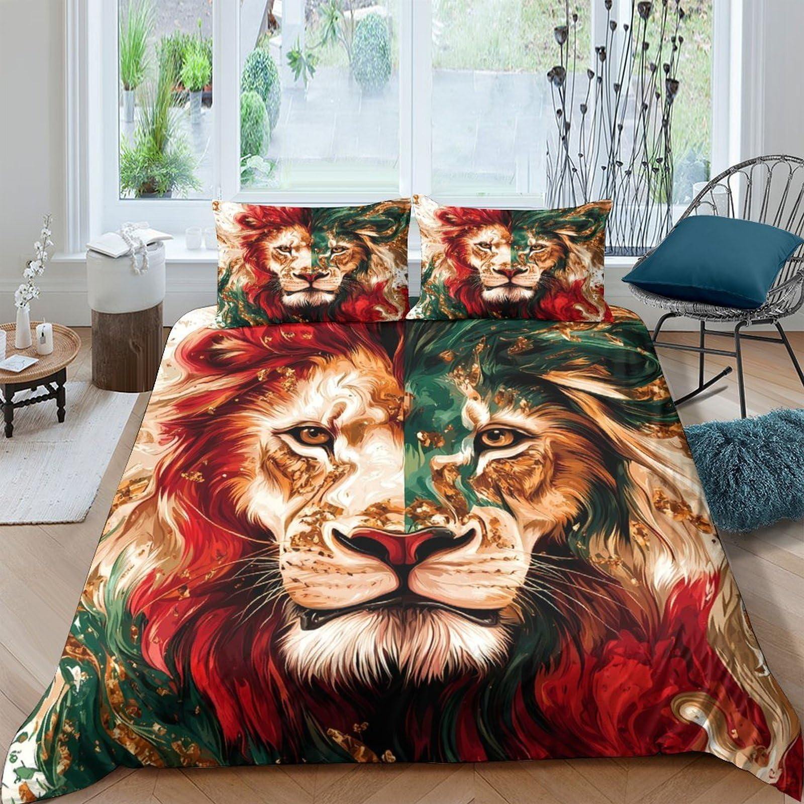 3D Printed Lion Face Duvet Cover Microfiber Soft Breathable Jungle Art Bedding Set with 2 Pillowcases for Bedroom Decor Single（135x200cm）