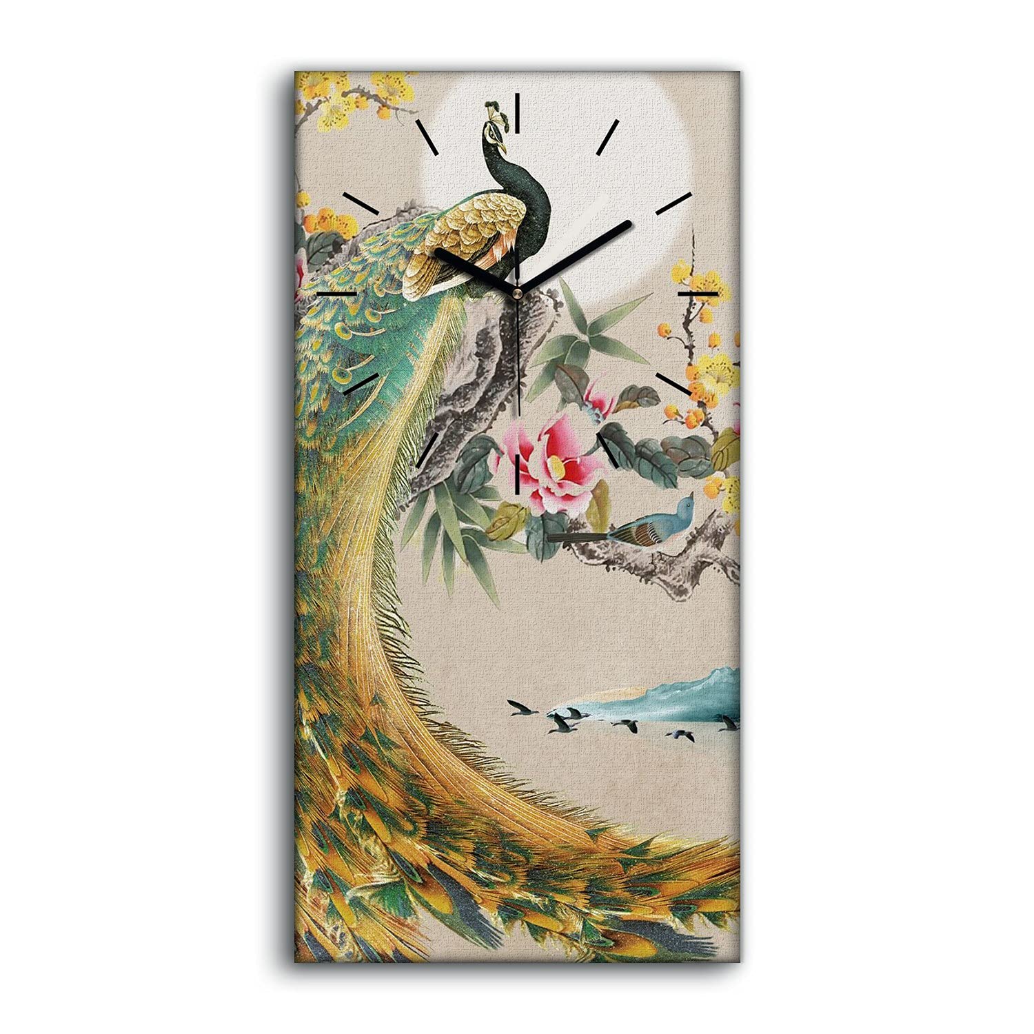 Horloge sur Toile Image Art Mural Salon Fleurs Paons 30x60cm