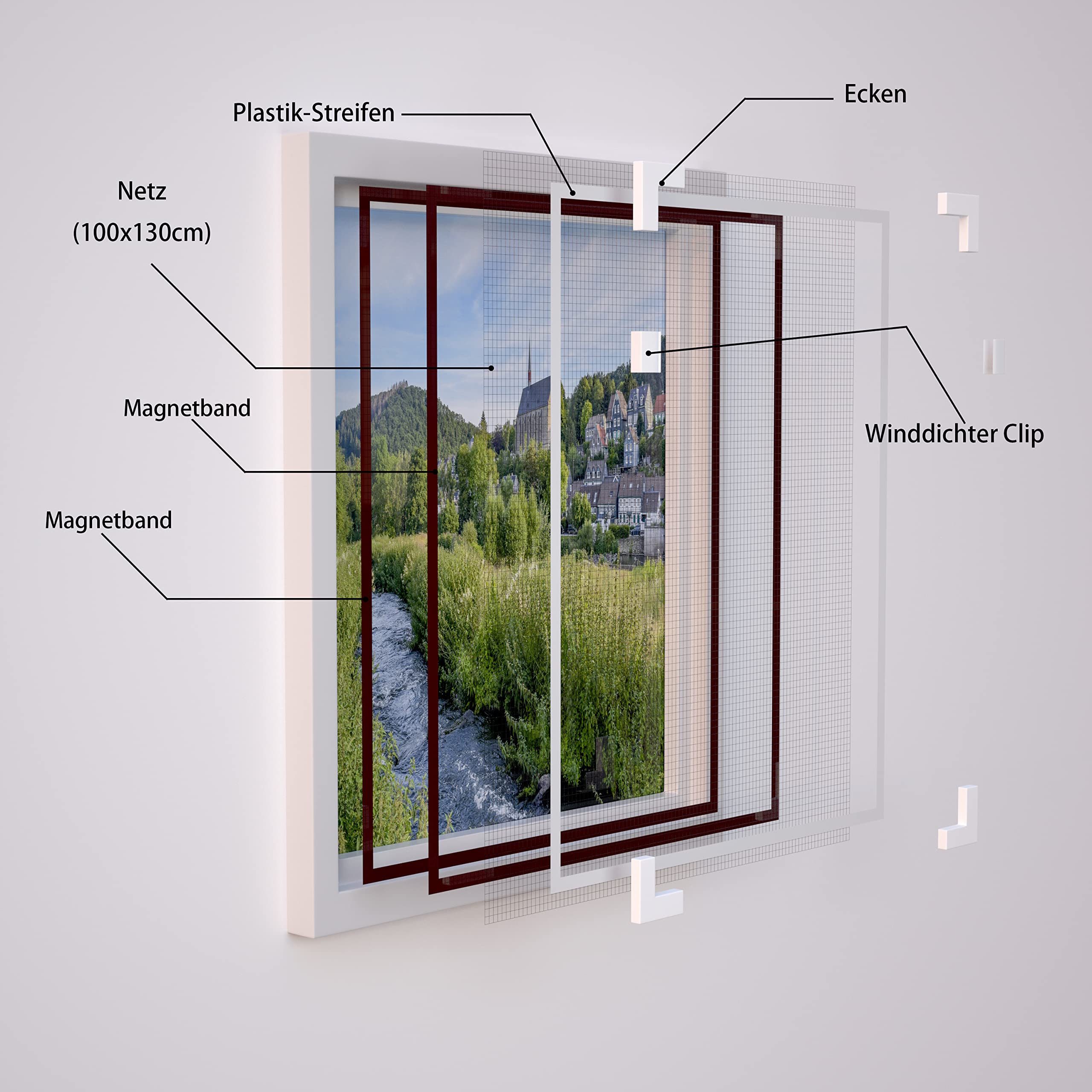 NeatiEase DIY Insektenschutz Magnetfenster,Max 100 x 130 CM,Magnet Rahmen für Fliegengitter Fenster Mückengitter,Fliegenschutz Insektenschutzgewebe Zuschneidbar(weiß Rahmen graue Netz)