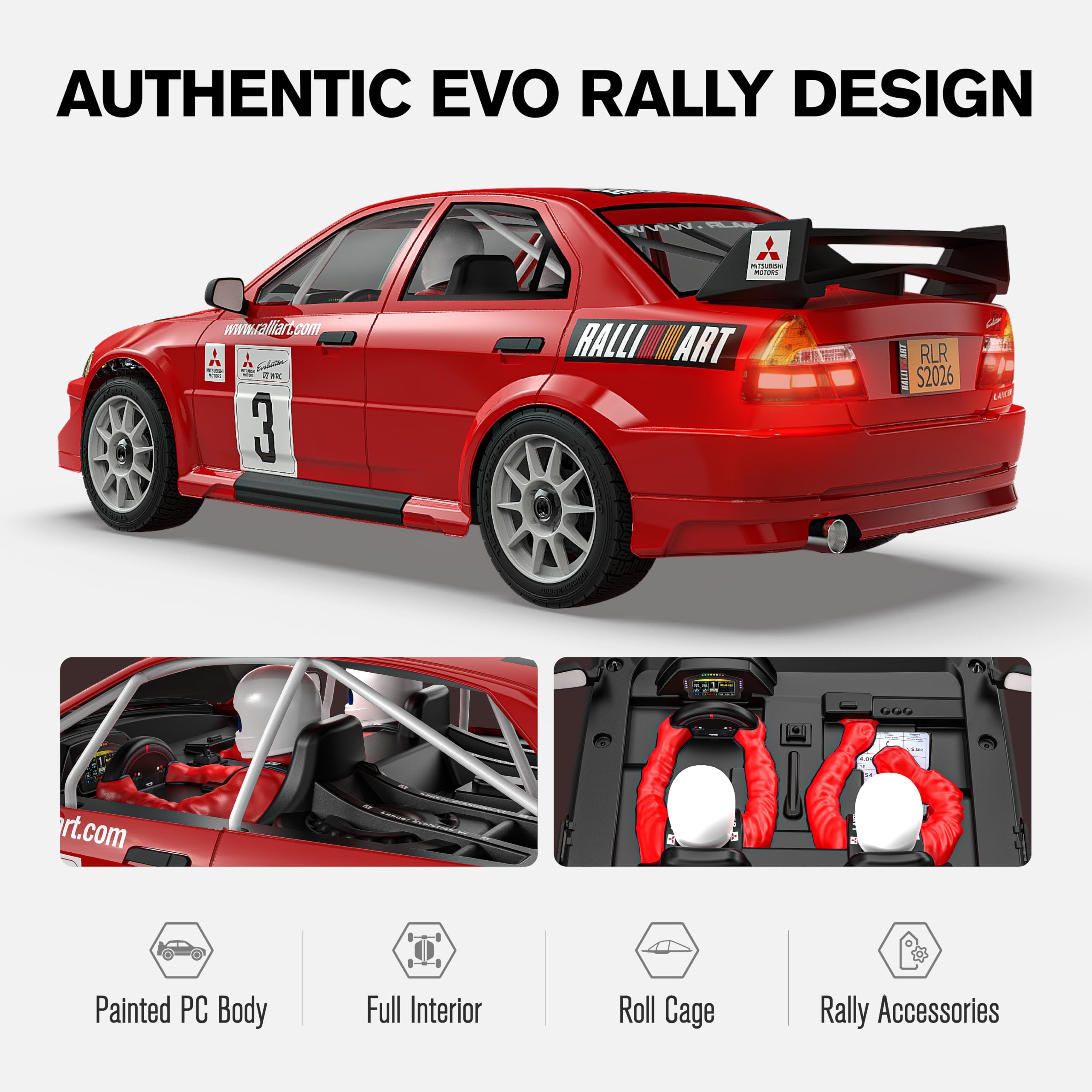 RIAARIO Auto da rally RC in scala 1/7, corpo EVO con licenza, 4WD Brushless Fast RC Car con motore 4274 2050KV, 180A ESC, sistema di illuminazione completo a LED, stabilizzazione giroscopio, auto